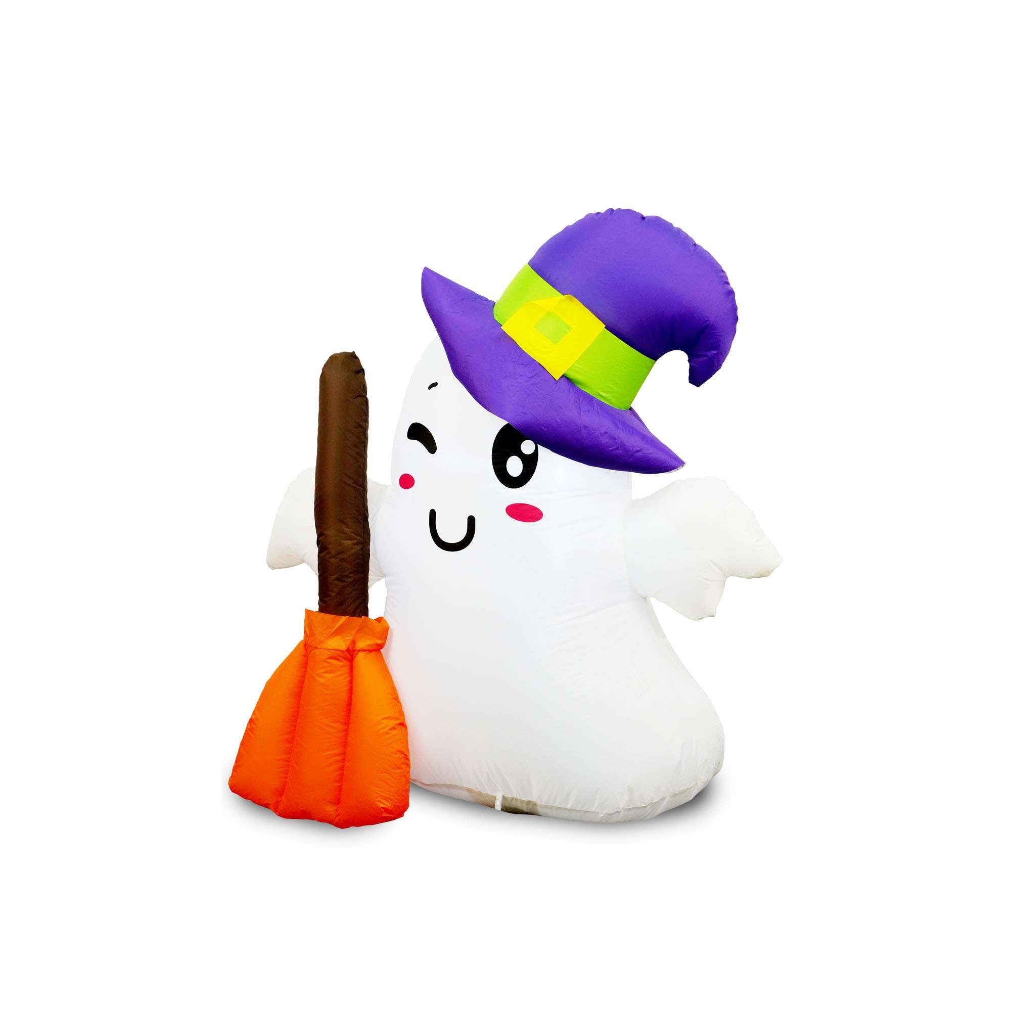 Front. G128 - G128 3.5FT Halloween Inflatable Cute Ghost with Witch Hat & Broom - White, Purple, Orange.