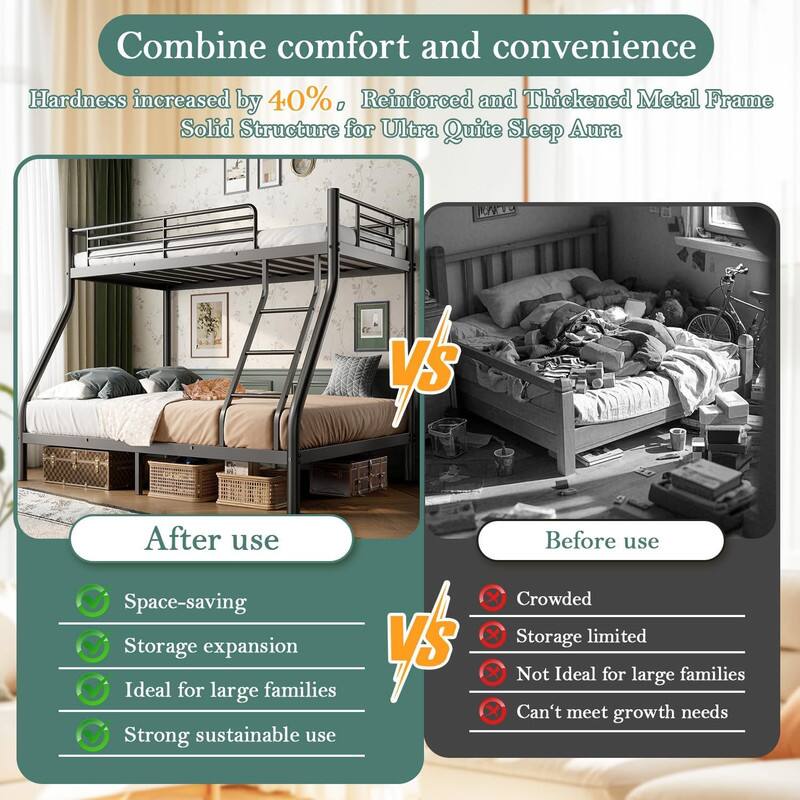 Combine comfort and convenience

Hardness increased by 40%, Reinforced and Thickened Metal Frame
Solid Structure for Ultra Quite Sleep Aura

After use
- Space-saving
- Storage expansion
- Ideal for large families
- Strong sustainable use

Before use
- Crowded
- Storage limited
- Not Ideal for large families
- Can't meet growth needs