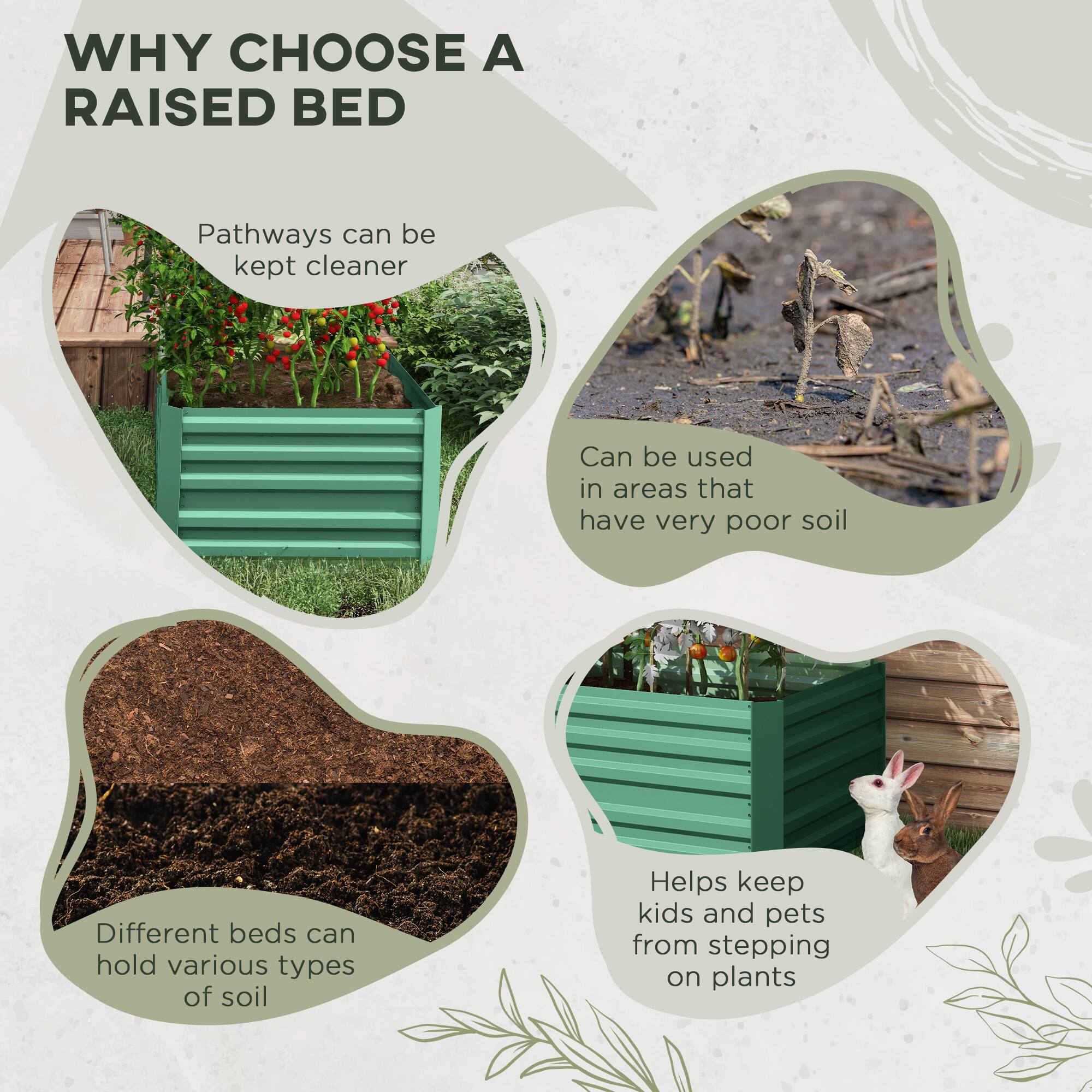WHY CHOOSE A RAISED BED

Pathways can be kept cleaner

Can be used in areas that have very poor soil

Different beds can hold various types of soil

Helps keep kids and pets from stepping on plants