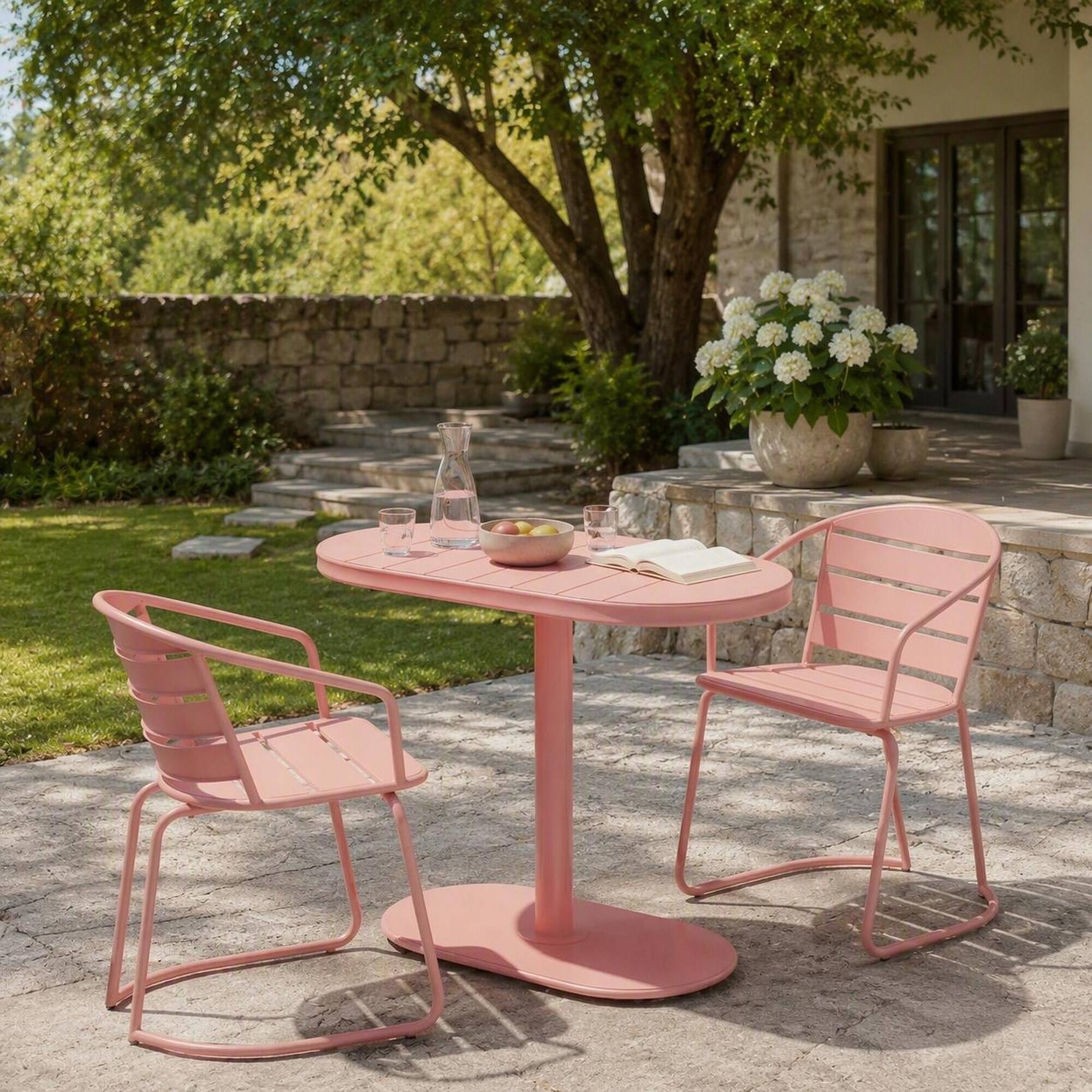 Angle. RYHNUYNE - 3-Piece Pink Metal Outdoor Bistro Set,Oval Patio Table & 2 Armchairs,Outdoor Furniture for Balcony Garden Backyard - Coral.