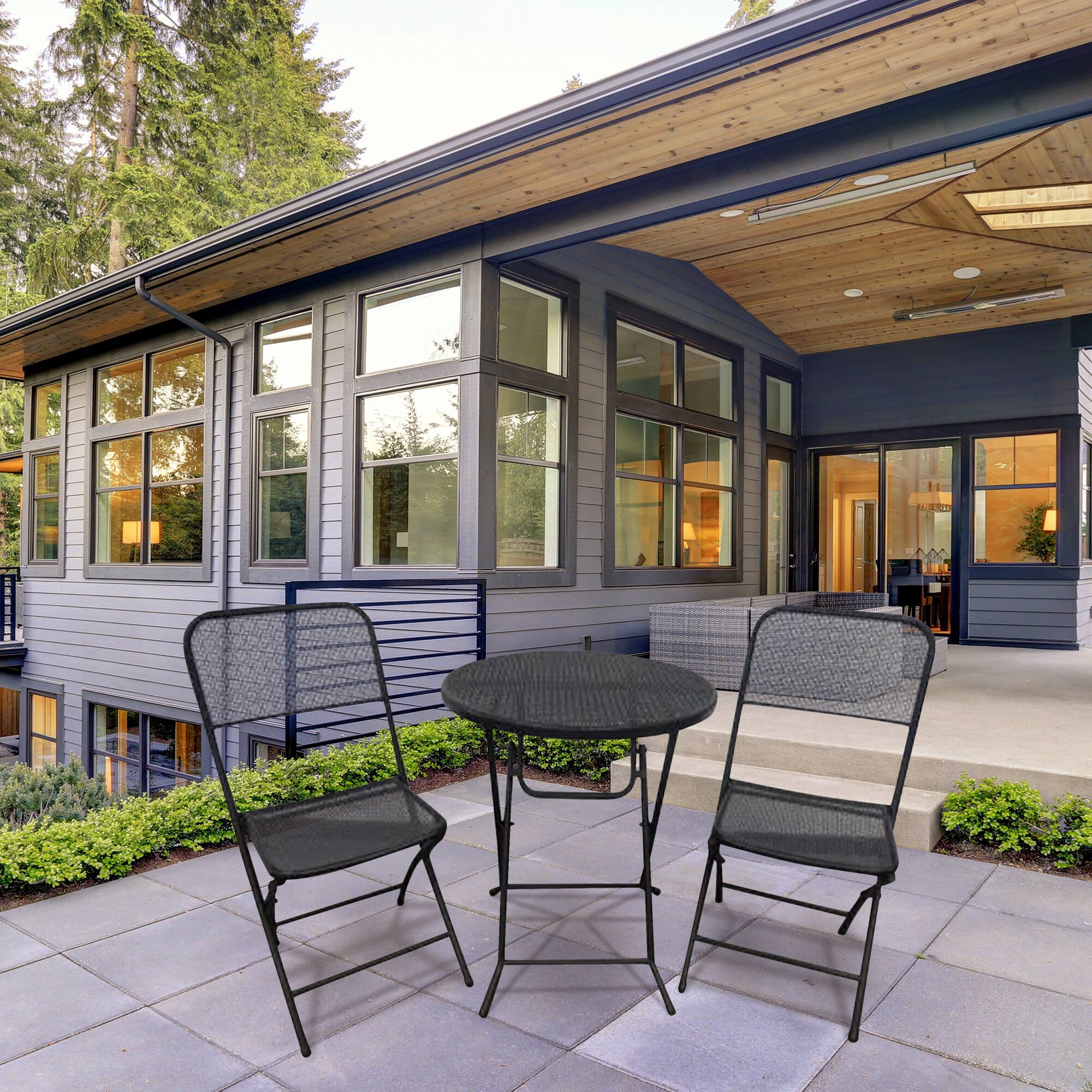 Alt View 3. Four Seasons Courtyard - Four Seasons Courtyard Padova Foldable 3 Piece Steel Bistro Dining Set, Black - Black.