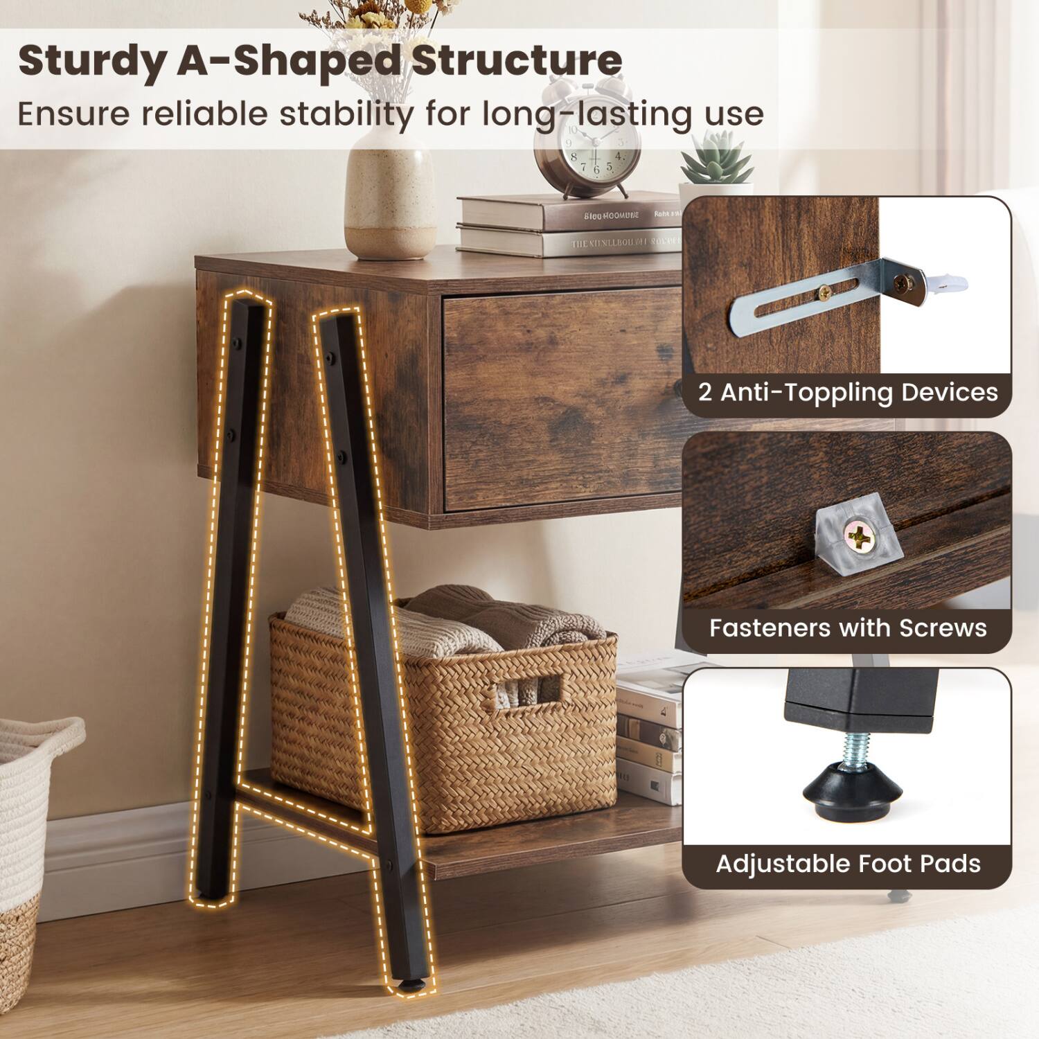 Sturdy A-Shaped Structure  
Ensure reliable stability for long-lasting use

2 Anti-Toppling Devices

Fasteners with Screws

Adjustable Foot Pads