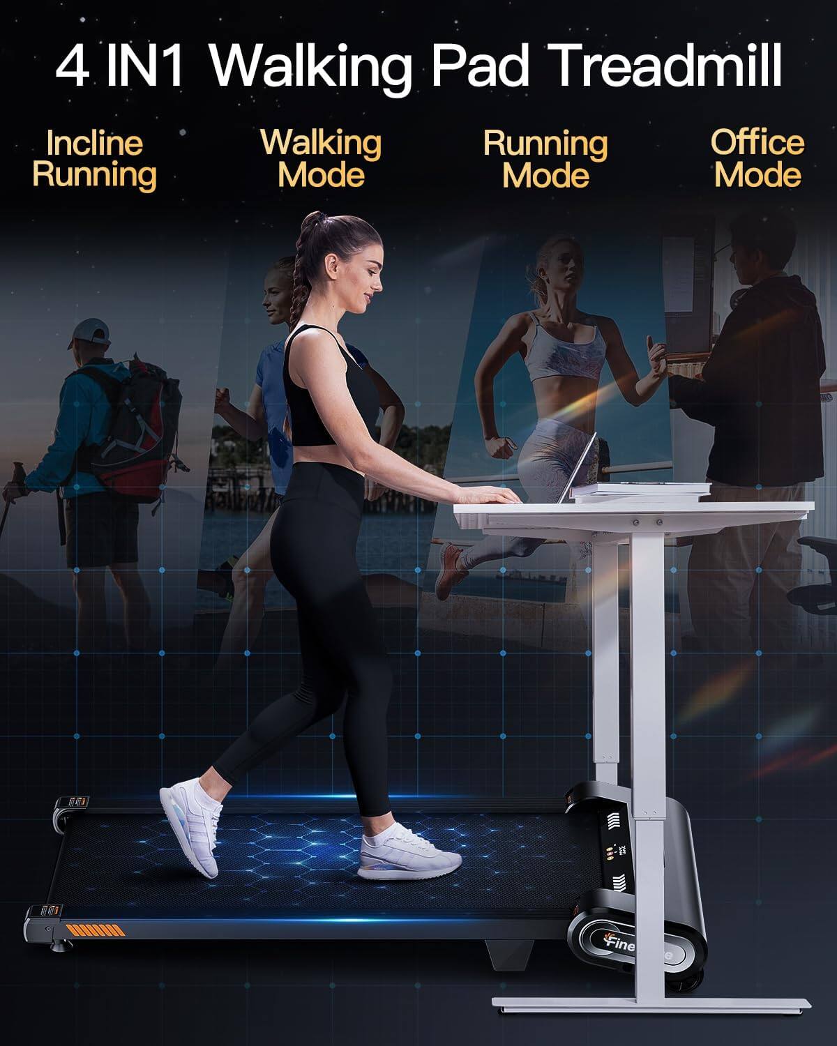 4 IN1 Walking Pad Treadmill

- Incline Running
- Walking Mode
- Running Mode
- Office Mode