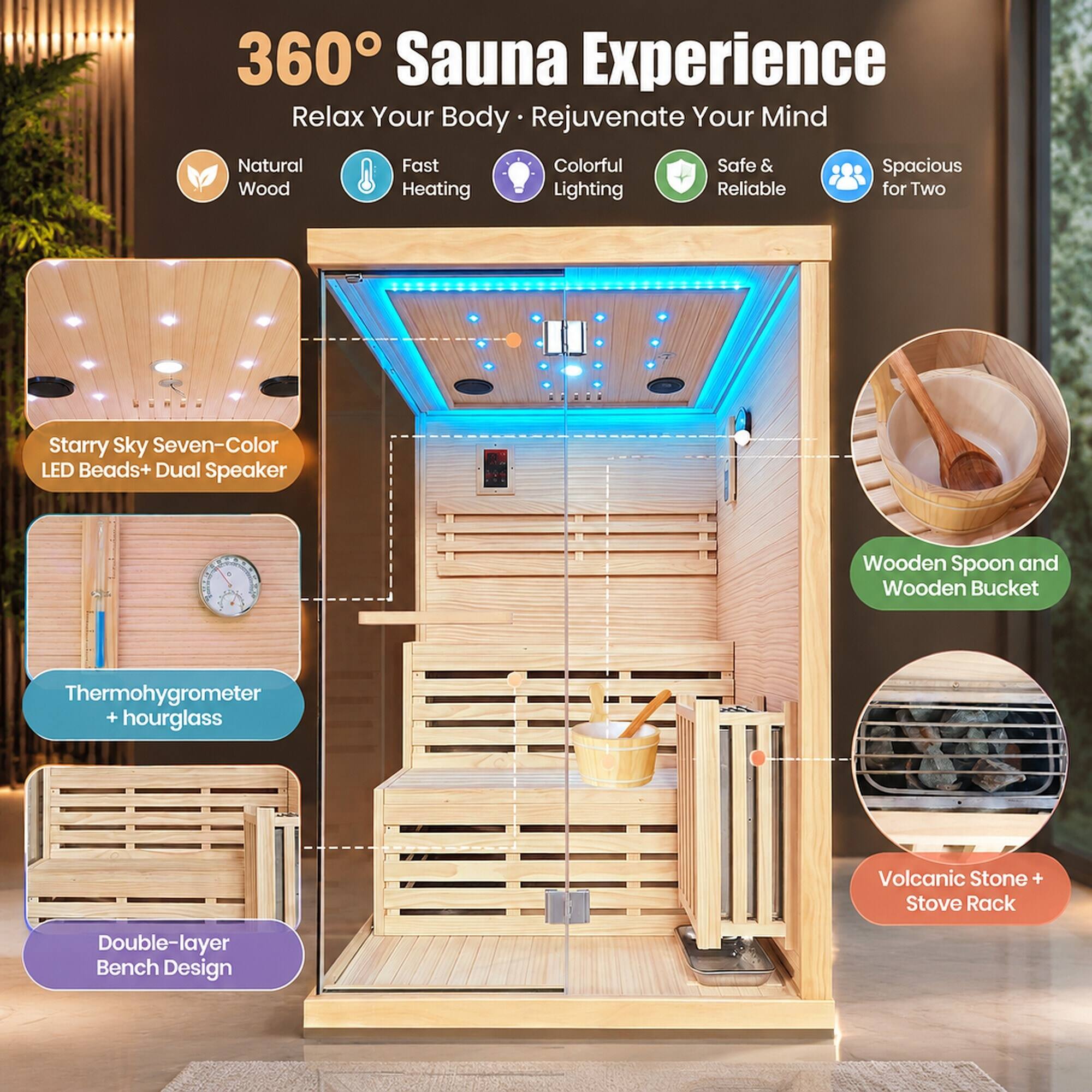 360° Sauna Experience  
Relax Your Body • Rejuvenate Your Mind  

Natural Wood  
Fast Heating  
Colorful Lighting  
Safe & Reliable  
Spacious for Two  

Starry Sky Seven-Color LED Beads + Dual Speaker  
Thermohygrometer + Hourglass  
Volcanic Stone + Stove Rack  
Double-layer Bench Design  
Wooden Spoon and Wooden Bucket
