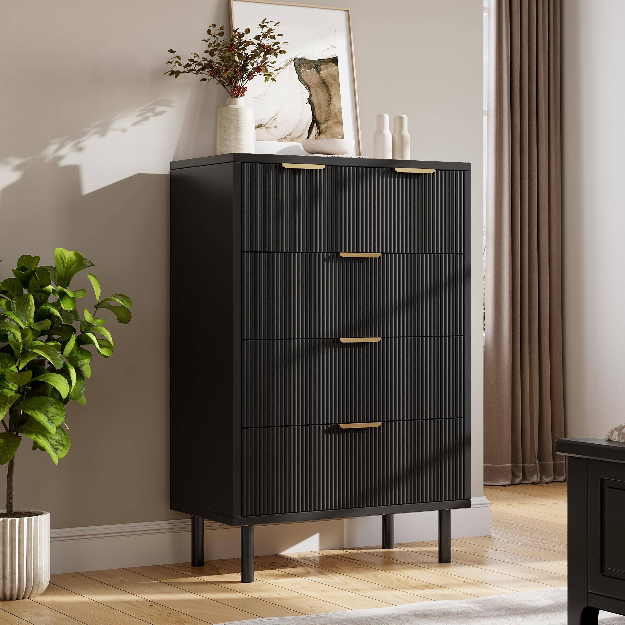 Alt View 2. Jojoka - 5 Drawer Dresser for Bedroom, Modern Wood Chest of Drawers with Wide Drawers - Black.