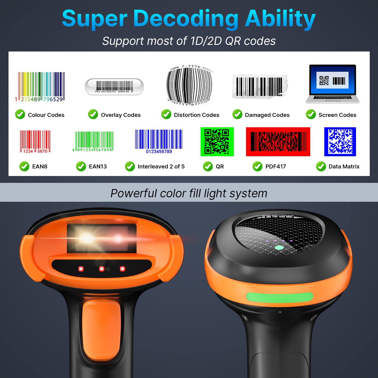Super Decoding Ability  
Support most of 1D/2D QR codes  

- Colour Codes  
- Overlay Codes  
- Distortion Codes  
- Damaged Codes  
- Screen Codes  
- EAN8  
- EAN13  
- Interleaved 2 of 5  
- QR  
- PDF417  
- Data Matrix  

Powerful color fill light system