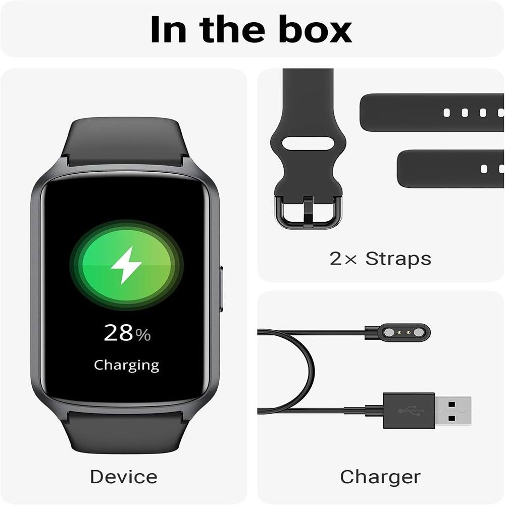 In the box

- Device
  - 28% Charging

- 2x Straps

- Charger