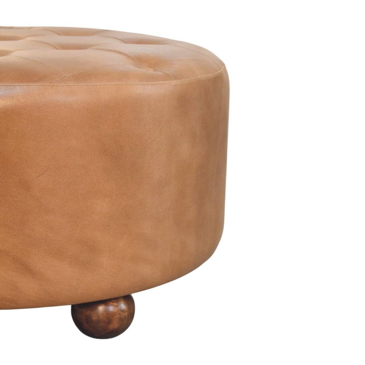 Alt View 2. Artisan Furniture - Artisan Furniture Solid Wood Brown Buffalo hide leather Round Ottoman, Upholstered, Brown Color - Brown.