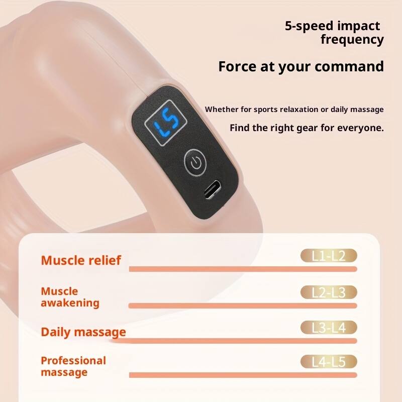 5-speed impact frequency  
Force at your command  

Whether for sports relaxation or daily massage  
Find the right gear for everyone.  

Muscle relief  
L1-L2  

Muscle awakening  
L2-L3  

Daily massage  
L3-L4  

Professional massage  
L4-L5