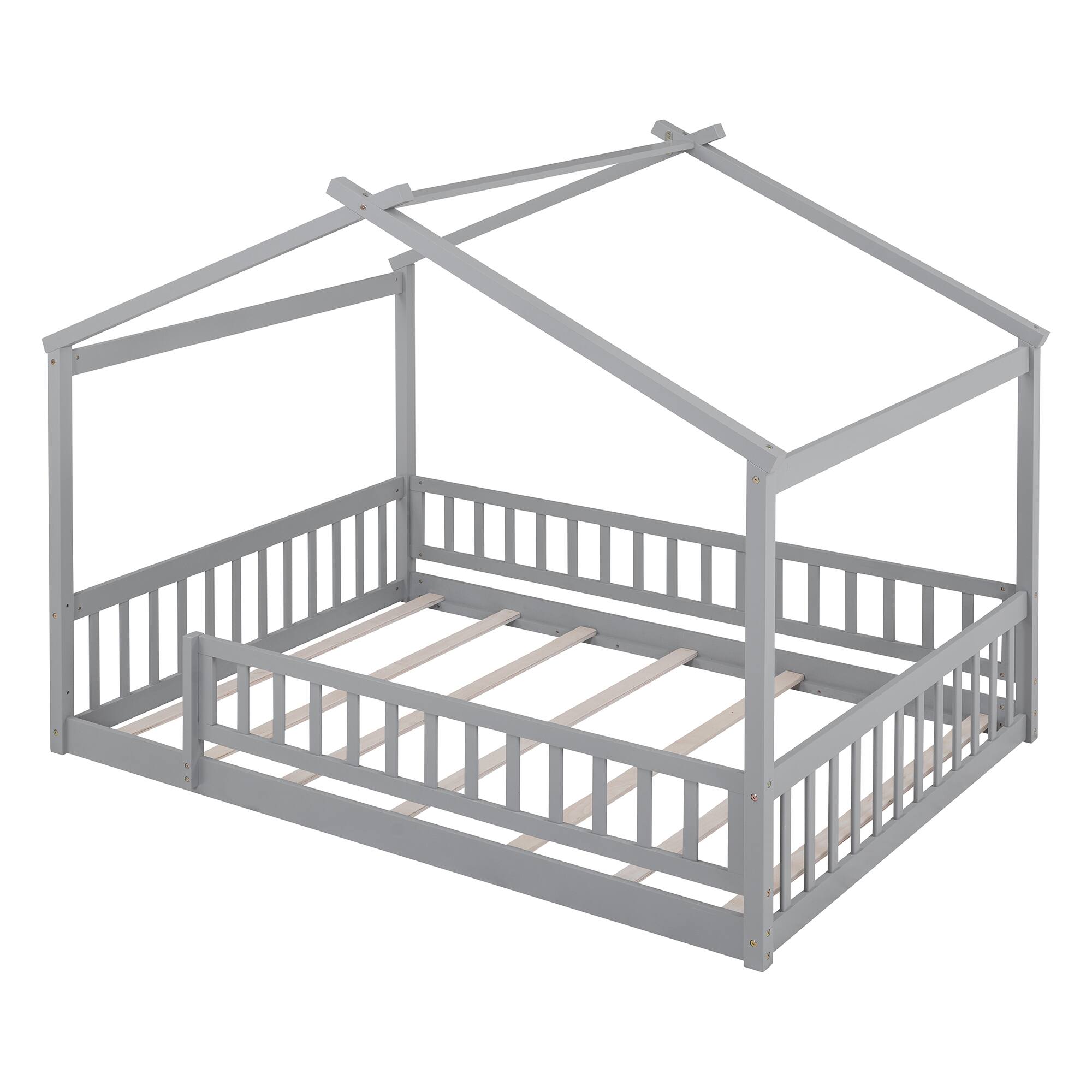 Alt View 4. Whisen - Full Size House Bed Frame with Fence, Solid Pine Wood Cabin-Style Platform Bed for Kids & Teens - Gray.