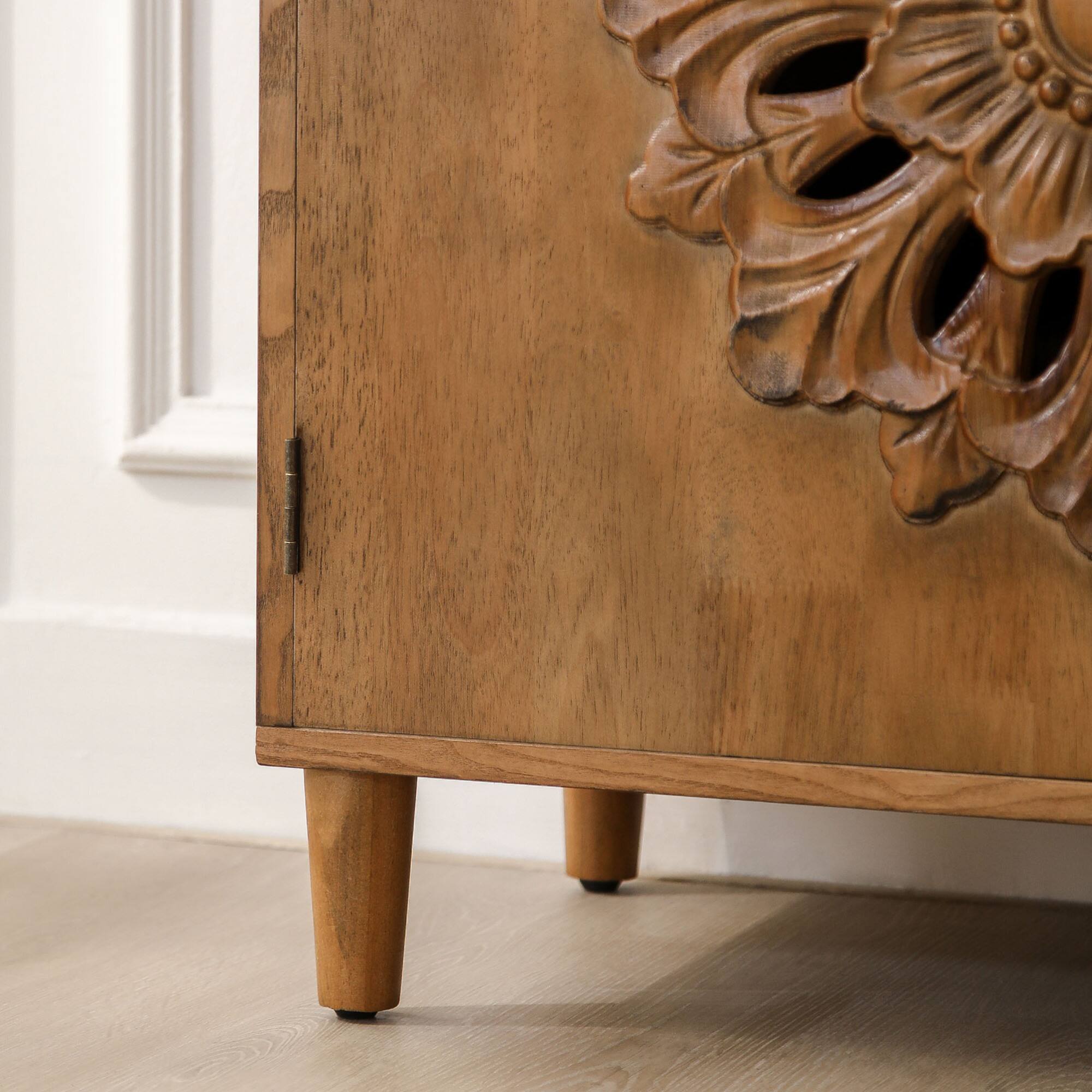 Alt View 4. GOODSILO - Hand-Carved Wooden Storage Cabinet with Floral Design - Solid Sideboard for Living Room Entryway Bedroom - Dark Brown.