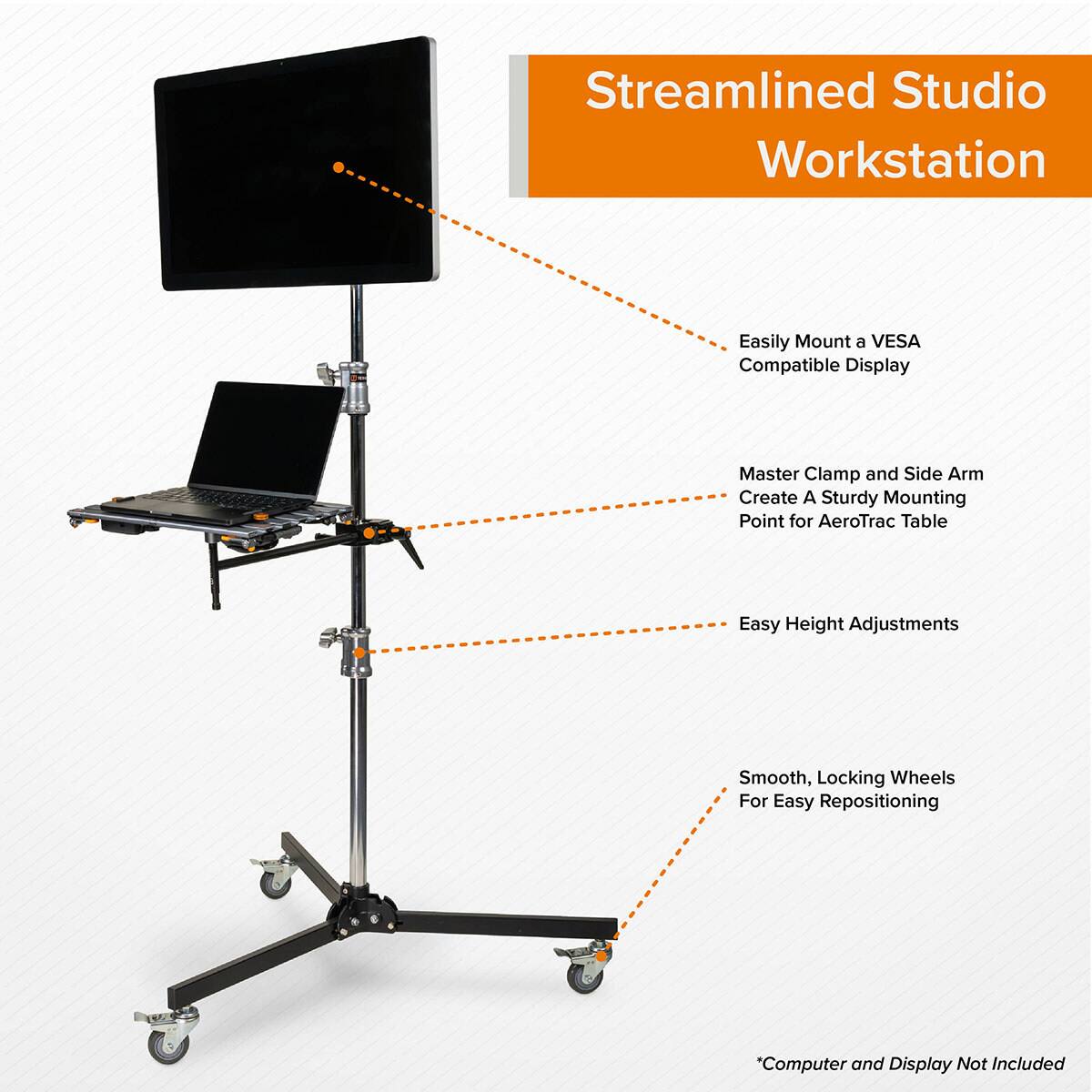Streamlined Studio Workstation

- Easily Mount a VESA Compatible Display
- Master Clamp and Side Arm Create A Sturdy Mounting Point for AeroTrac Table
- Easy Height Adjustments
- Smooth, Locking Wheels For Easy Repositioning

*Computer and Display Not Included