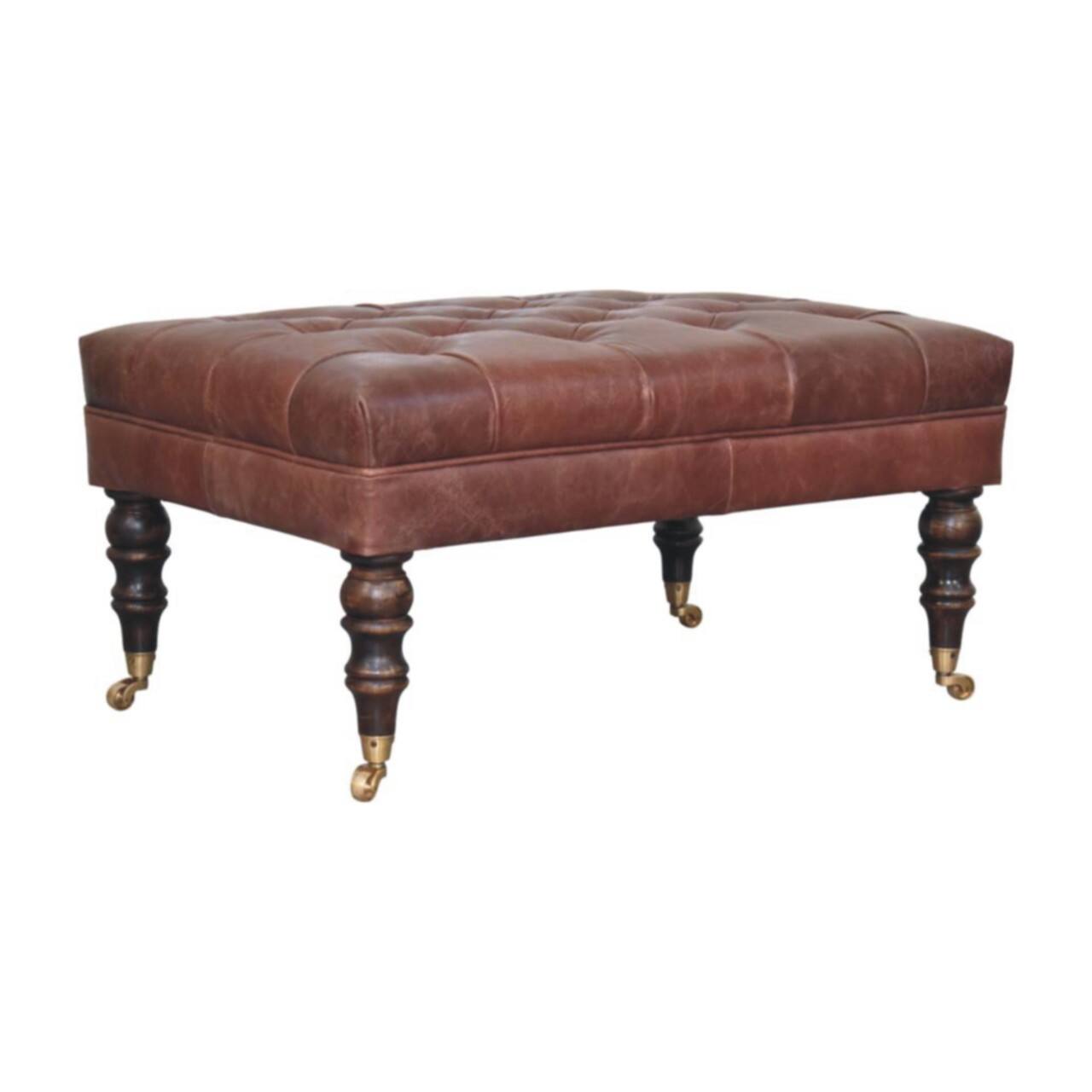 Left. Artisan Furniture - Artisan Furniture Solid Wood Buffalo Brown Leather Ottoman with Castor Legs, Upholstered - Brown.