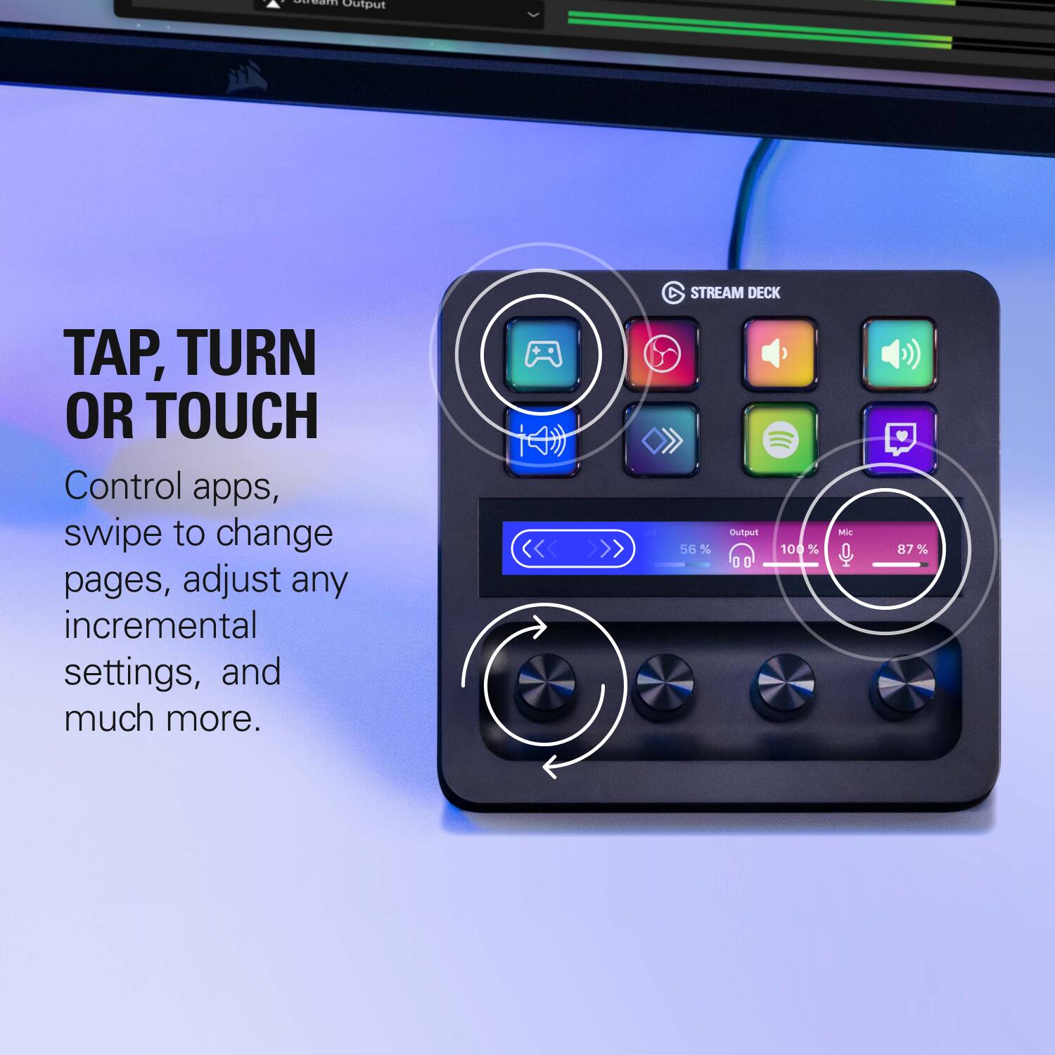 The text on the image reads: "Tap, turn or touch. Control apps, swipe to change pages, adjust any incremental settings, and much more."