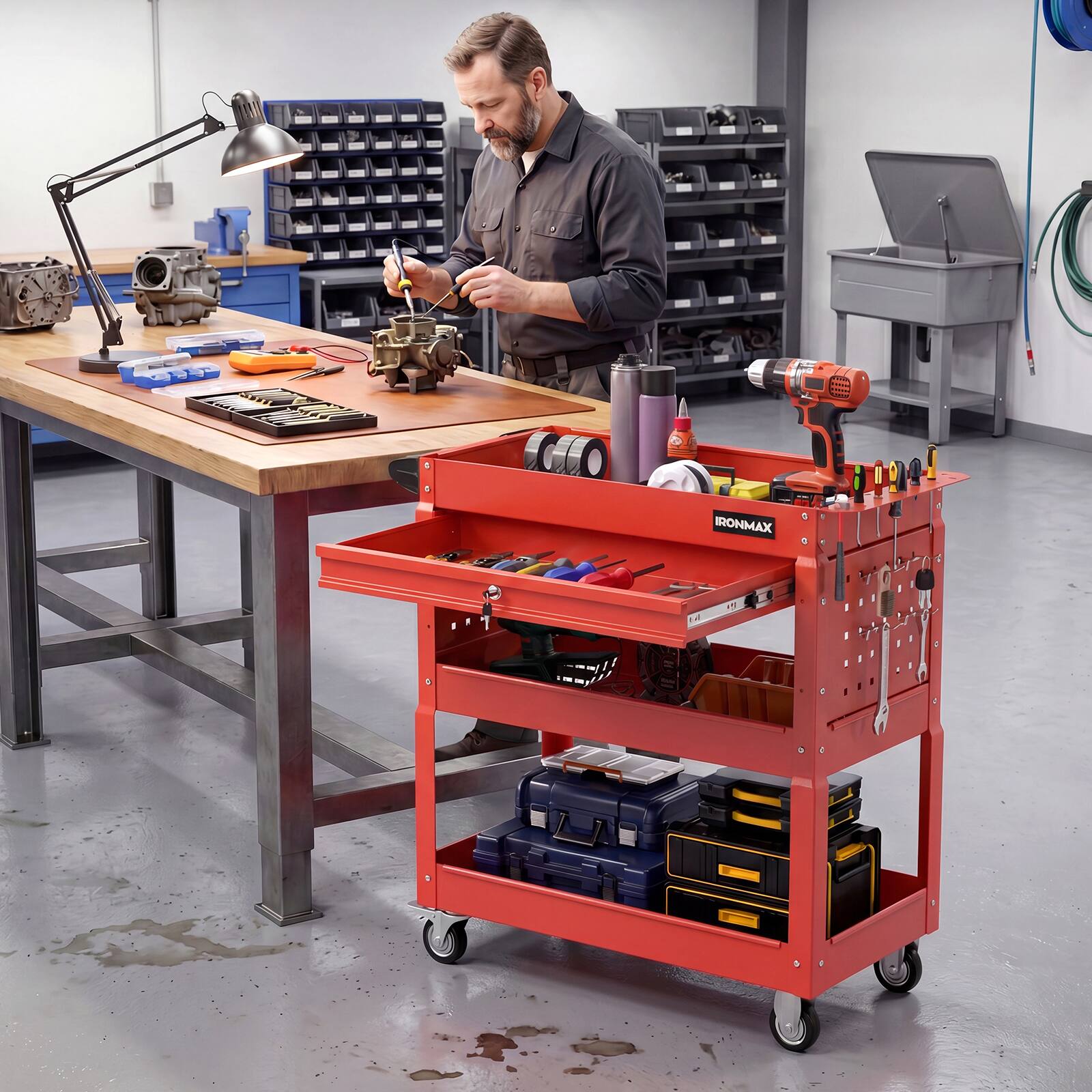 Alt View 4. Costway - Costway 3 Tier Rolling Tool Cart with Lockable Drawer, Pegboards & Hooks for Garage - Red.
