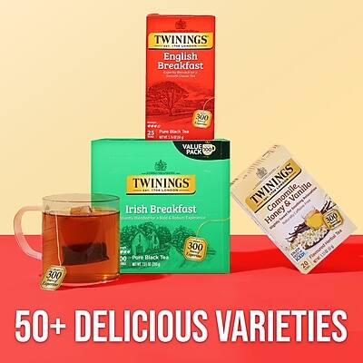 TWININGS English Breakfast  
25 Pure Black Tea  
300 VALUE 100 PACK  

TWININGS Irish Breakfast  
300 Pure Black Tea  

TWININGS Camomile & Vanilla Honey  
20 Pure Black Tea  

50+ DELICIOUS VARIETIES