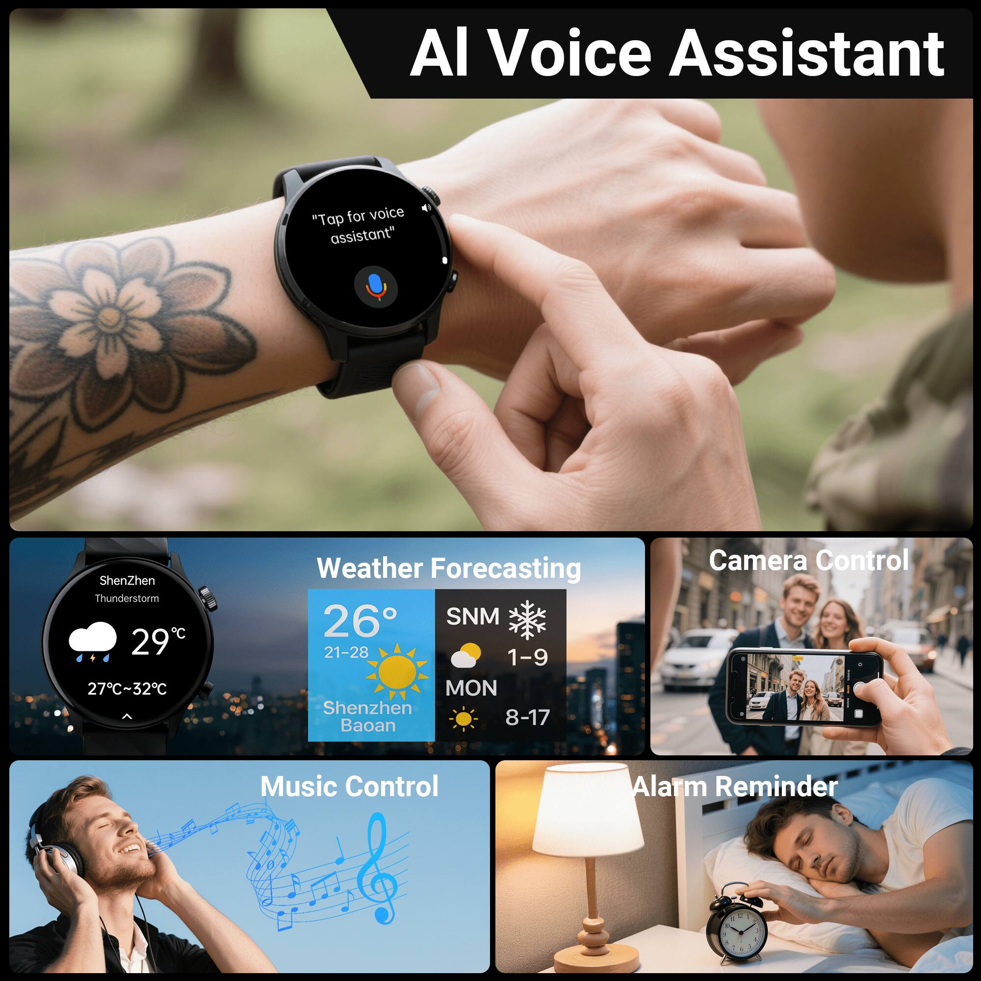 AI Voice Assistant "Tap for voice assistant"  
ShenZhen Thunderstorm 29t 27C~32C  
Weather Forecasting 26 SNM 21-28 1-9 MON Shenzhen Baoan  
Camera Control Music Control Alarm Reminder