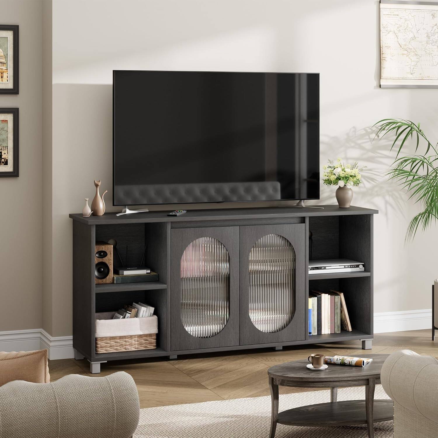 Homhougo- 70" Rustic TV Stand for Living Room Entertainment Center with Corrugated Glass Doors & Open Shelves, Media Console-‎Black