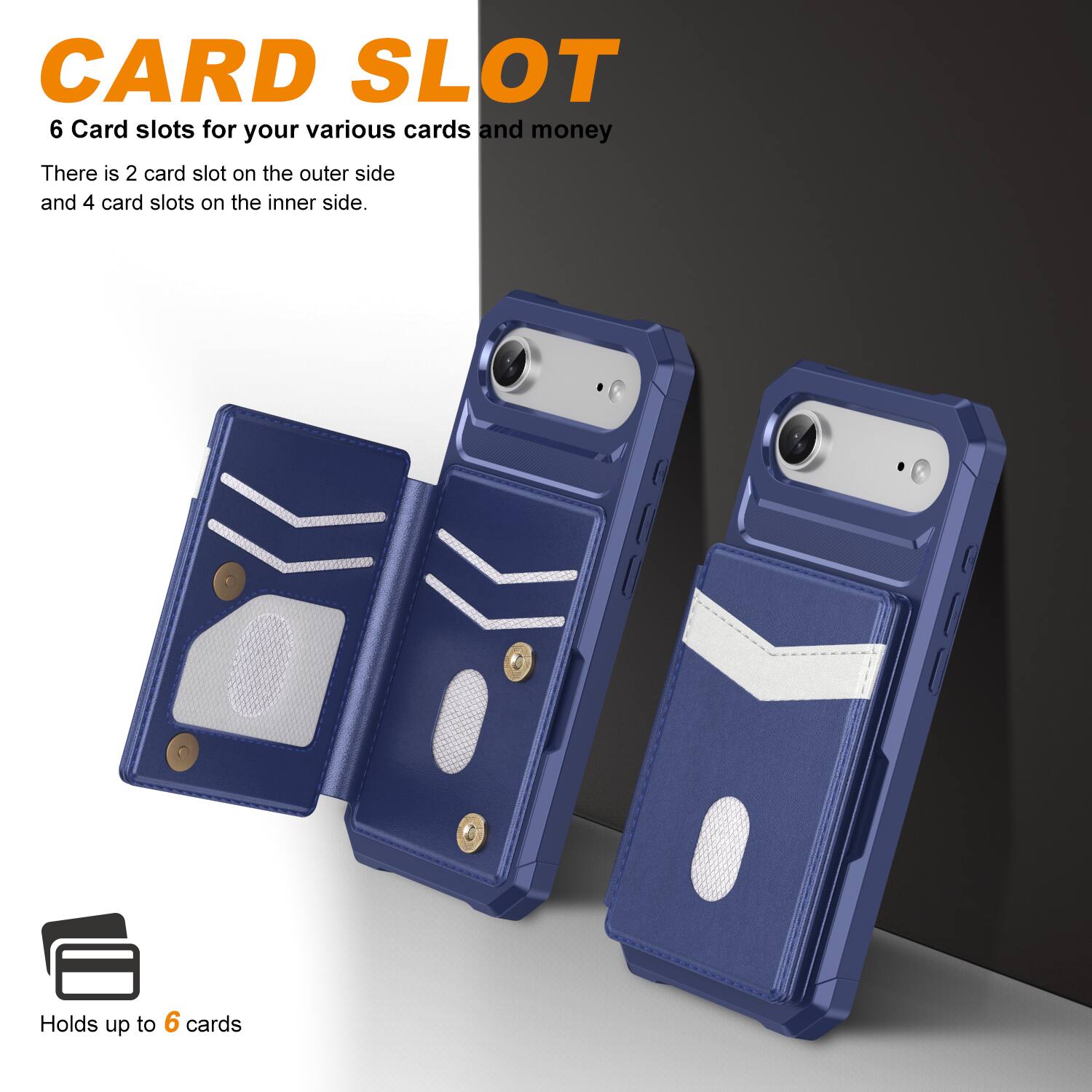 CARD SLOT  
6 Card slots for your various cards and money  
There is 2 card slot on the outer side and 4 card slots on the inner side.  
Holds up to 6 cards