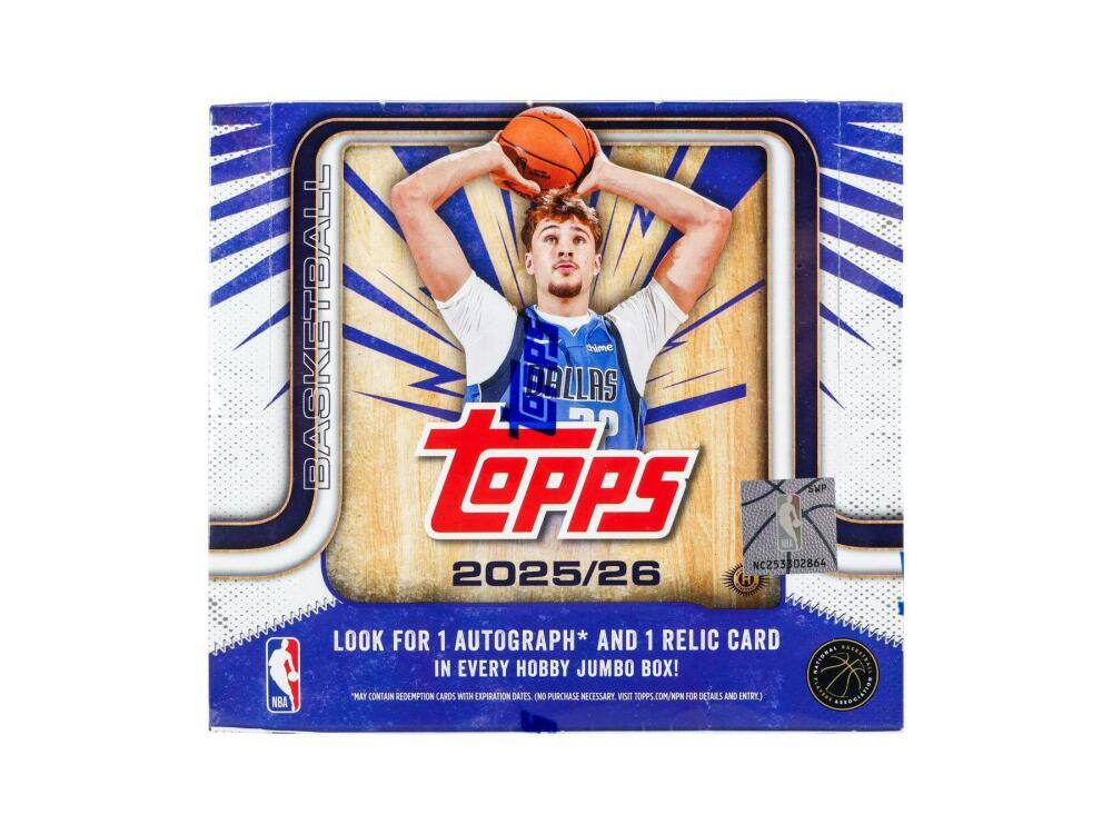NBA BASKETBALL TOPPS  
DALLAS SMITH  
SWP NC253802864  
2025/26  
LOOK FOR 1 AUTOGRAPH* AND 1 RELIC CARD IN EVERY HOBBY JUMBO BOX!  
BATINNS BERNARD  
MONTAIN  
REDEMPTION CARDS WITH EXPIRATION DATES (NO PURCHASE NECESSARY)  
VISIT TOPPS.COM/NP NP FOR DETAILS AND ENTRY
