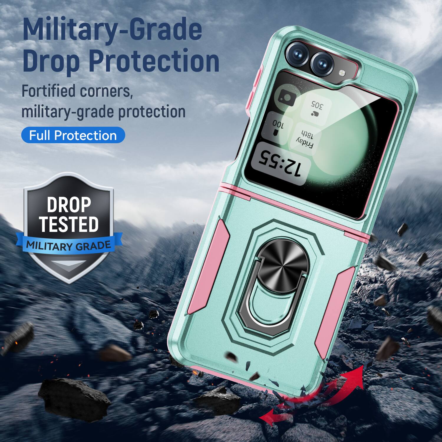 Military-Grade Drop Protection  
Fortified corners, military-grade protection  
Full Protection  

DROP TESTED  
MILITARY GRADE