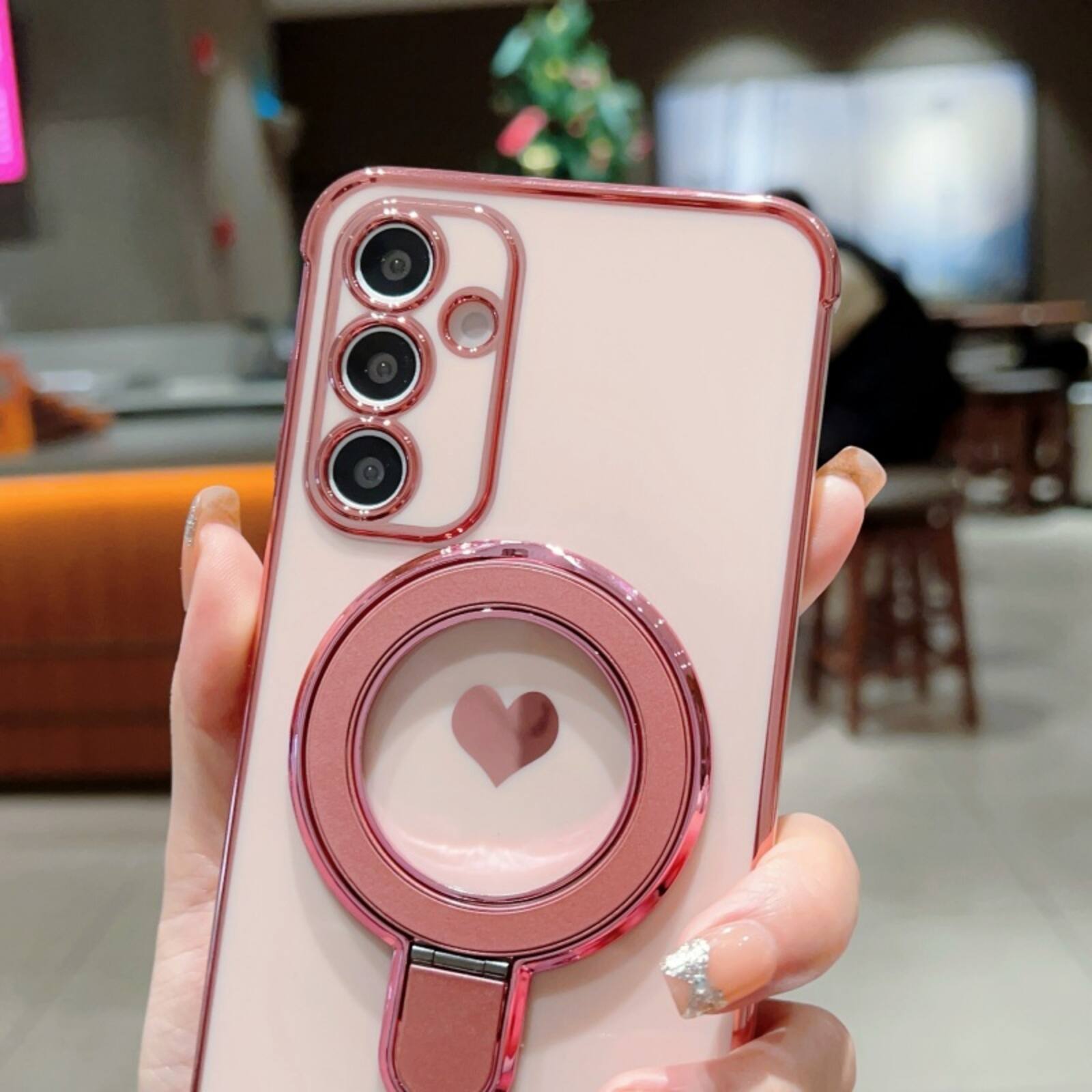 Left. UUCOVER - Magnetic Ring Kickstand Case for Samsung Galaxy A16 5G/4G Compatible with MagSafe, Electroplated Heart Pattern TPU Cover - Rose.