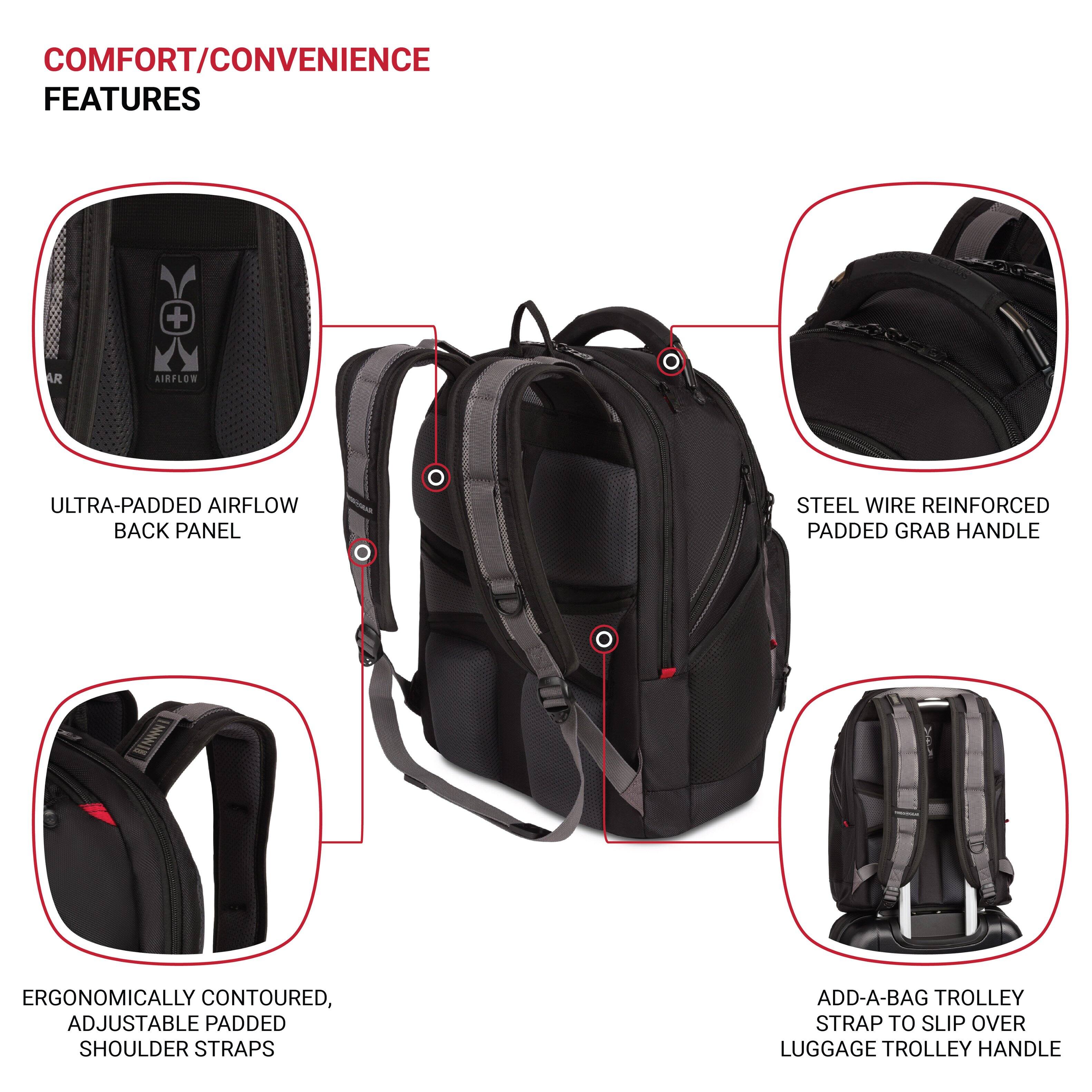 The image shows a backpack with various features and compartments, including an airflow back panel, steel wire reinforced padded grab handle, ergonomically contoured padded shoulder straps, and an add-a-bag trolley strap. These features are designed to provide comfort and convenience to the user.