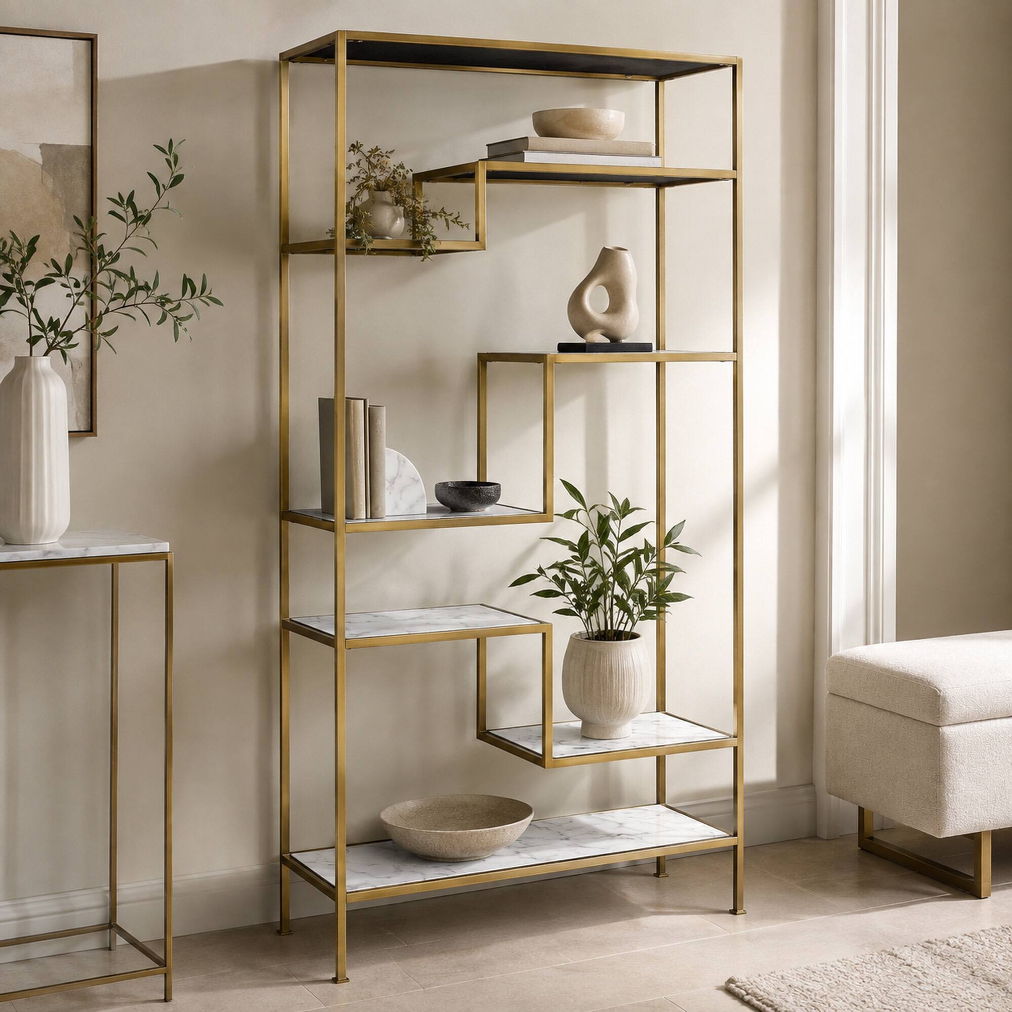 Angle. Teamson Home - 5-Tier Faux Marble Display Shelf Unit - Brass.