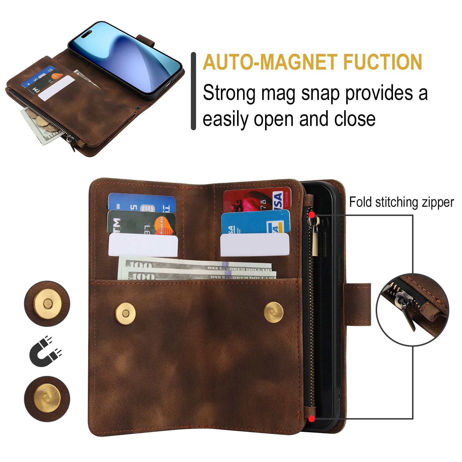 AUTO-MAGNET FUNCTION  
Strong mag snap provides a easily open and close  

Fold stitching zipper