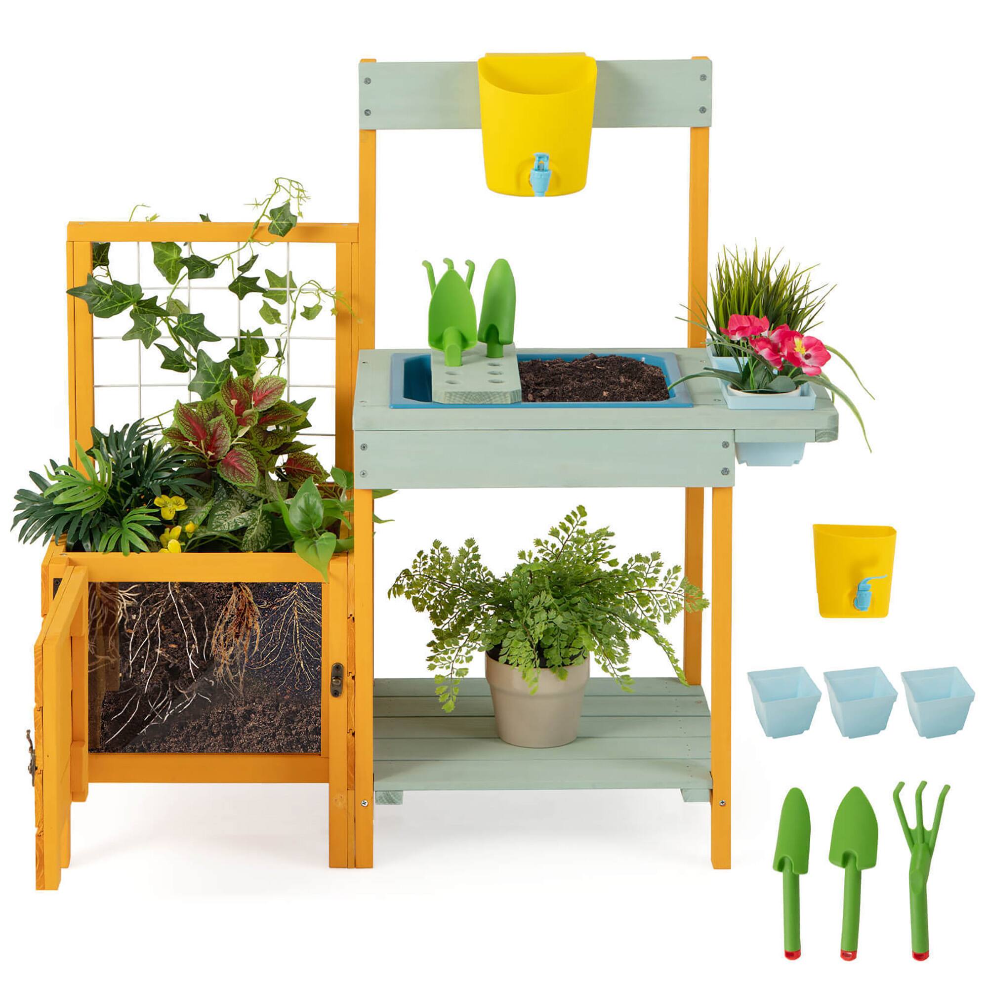 Alt View 9. Gymax - Gymax Wooden Potting Bench for Kids w/ See-Through Window Planter Box Garden Trellis - Yellow, Blue.