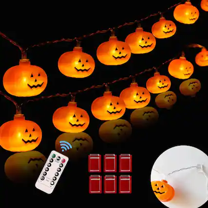 Front. GlowWise - 20ft Flexible Halloween Lights, 40 LED Battery Operated 8 Modes Waterproof Indoor/Outdoor Spooky Glow - Pumpkin Lights.