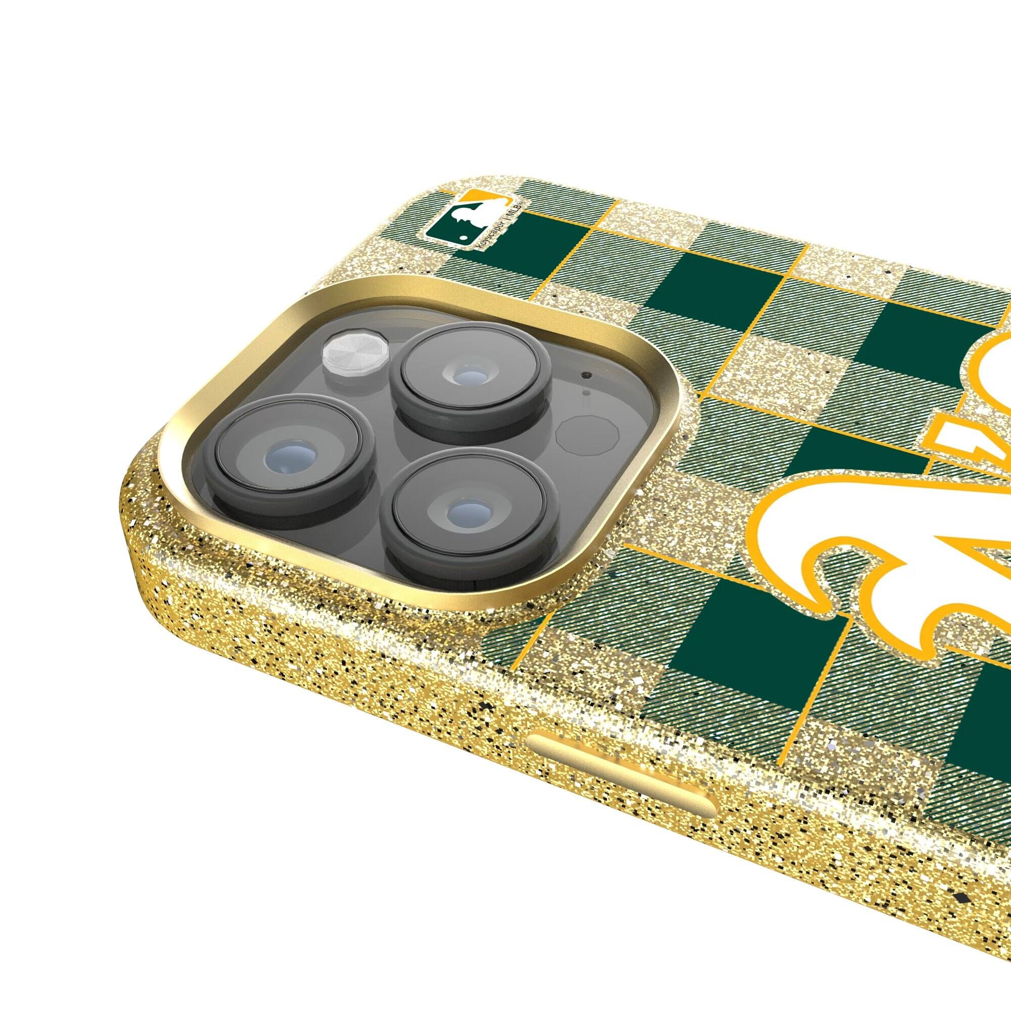 Alt View 3. Keyscaper - Athletics Plaid Bling iPhone Case - 14 Plus - Gold.
