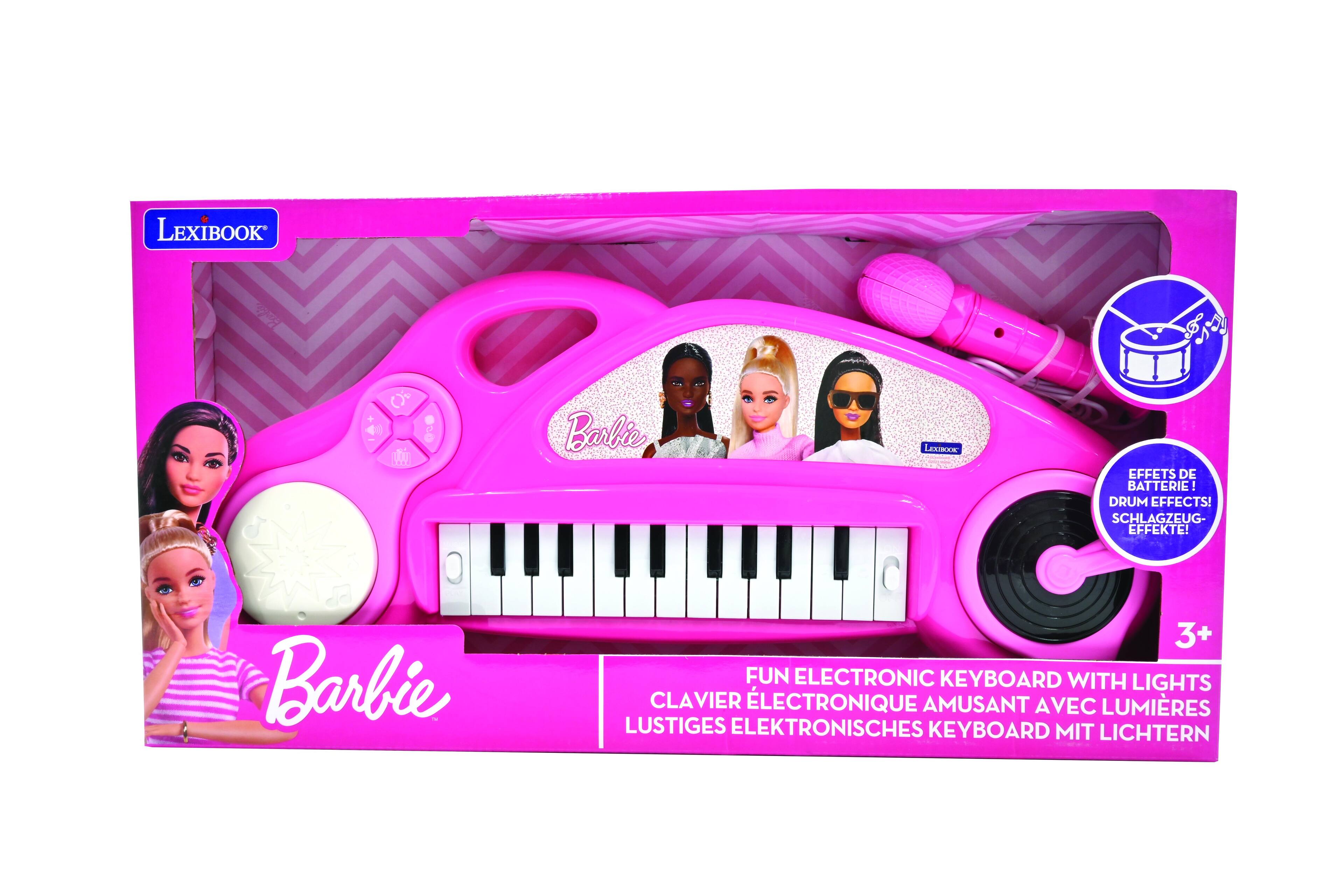 LEXIBOOK Babie LEXSBOOK  
EFFETS DE BATTERIE ! DRUM EFFECTS! SCHLAGZEUG-EFFEKTE!  
Barbie 3+  
FUN ELECTRONIC KEYBOARD WITH LIGHTS  
CLAVIER ÉLECTRONIQUE AMUSANT AVEC LUMIÈRES  
LUSTIGES ELEKTRONISCHES KEYBOARD MIT LICHTERN