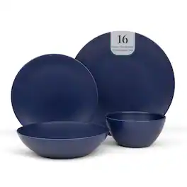 Larder & Vine - 16-Piece Classic Dinnerware Set for 4, Ceramic Stoneware Made in Portugal - Indigo