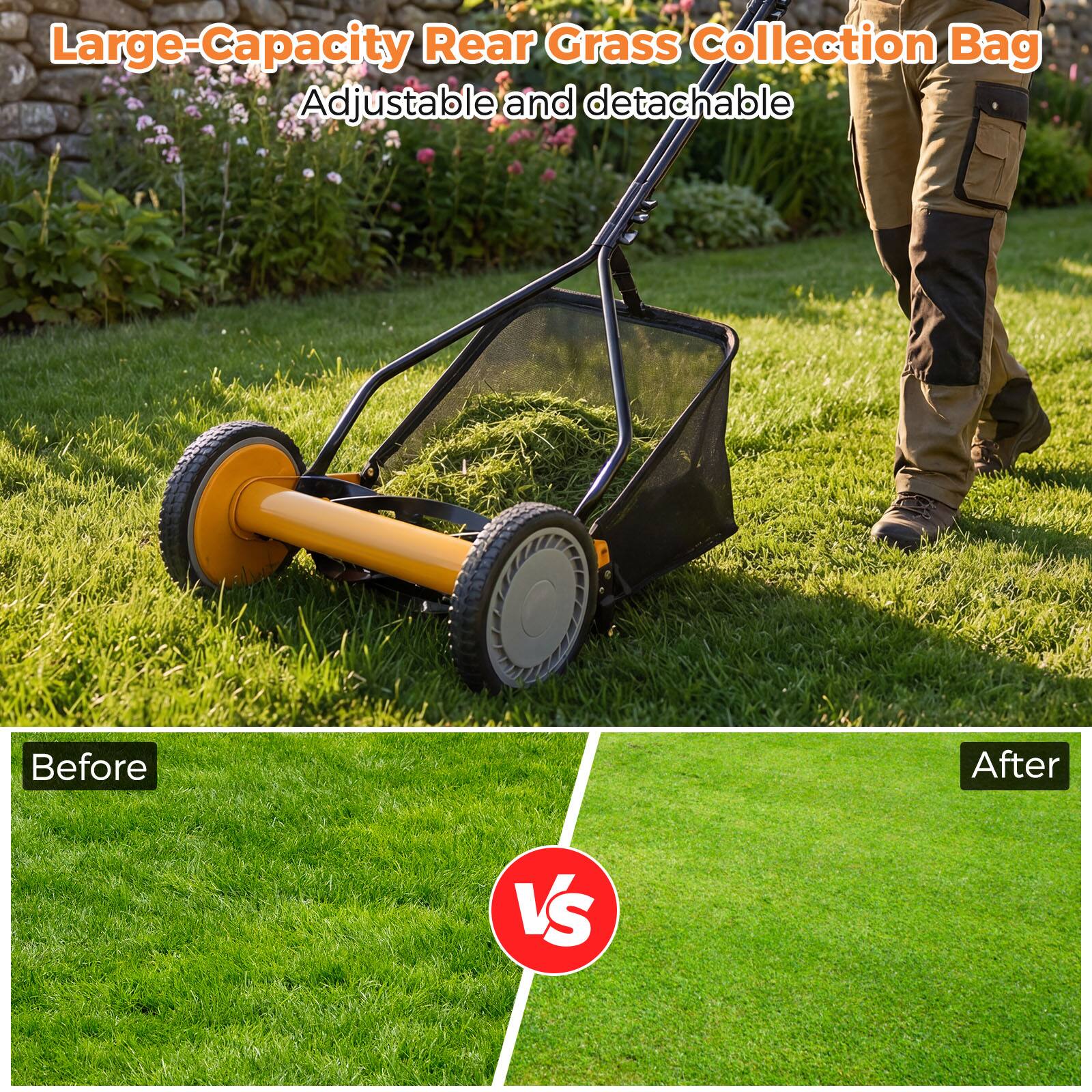 Large-Capacity Rear Grass Collection Bag  
Adjustable and detachable  

Before VS After
