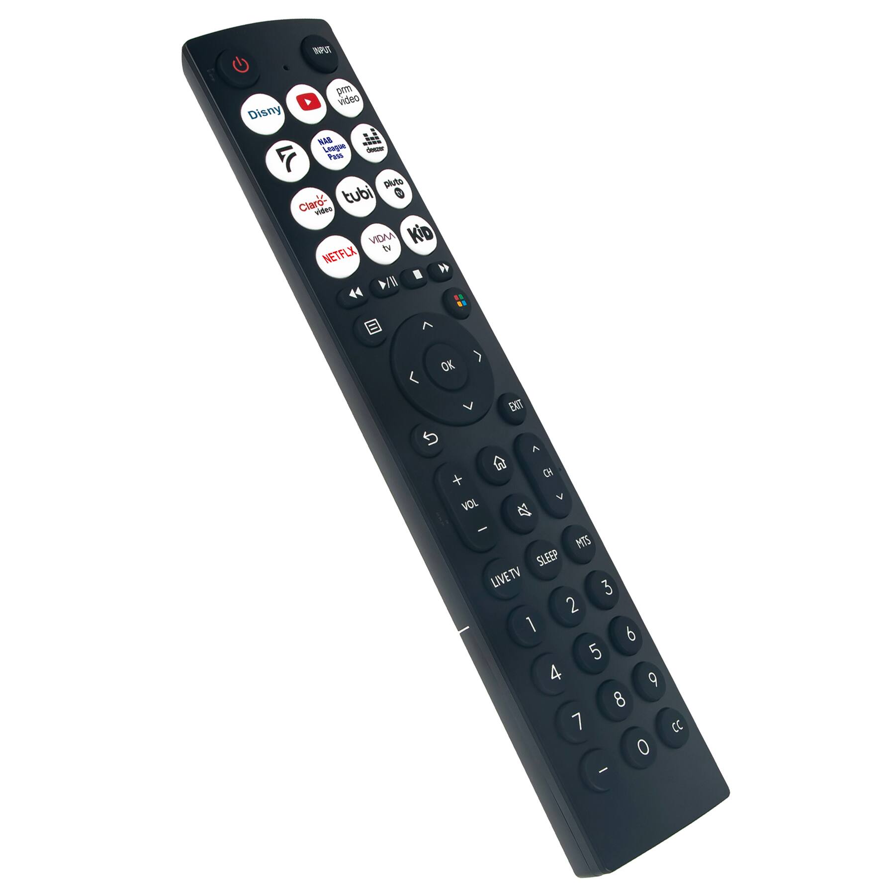 Sure, here is the corrected and grouped text from the image:

**Top Section:**
- Input
- Disney
- Prime Video
- Disney+
- NBA League Pass
- Claro Video
- Tubi
- Pluto TV
- VODA TV
- Netflix
- KID
- OK
- EXIT

**Middle Section:**
- VOL +
- VOL -
- MUTE
- SLEEP
- LIVETV
- CC

**Number Pad:**
- 1 2 3
- 4 5 6
- 7 8 9
- 0

**Bottom Section:**
- CC