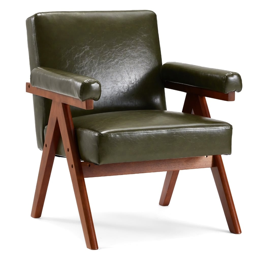 Front. U-HOMY - Mid-Century Modern Accent Chair: Solid Wood Frame Upholstered Armchair for Living Room, Lounge Balcony - Green.