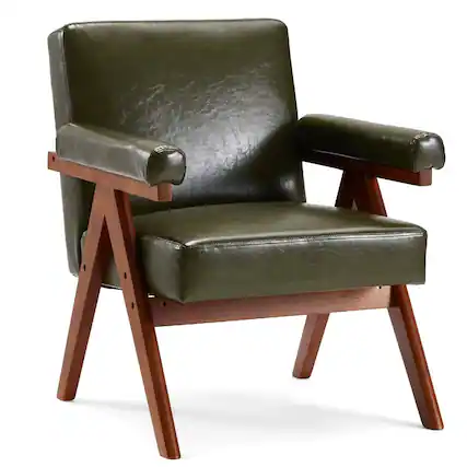 Front. U-HOMY - Mid-Century Modern Accent Chair: Solid Wood Frame Upholstered Armchair for Living Room, Lounge Balcony - Green.