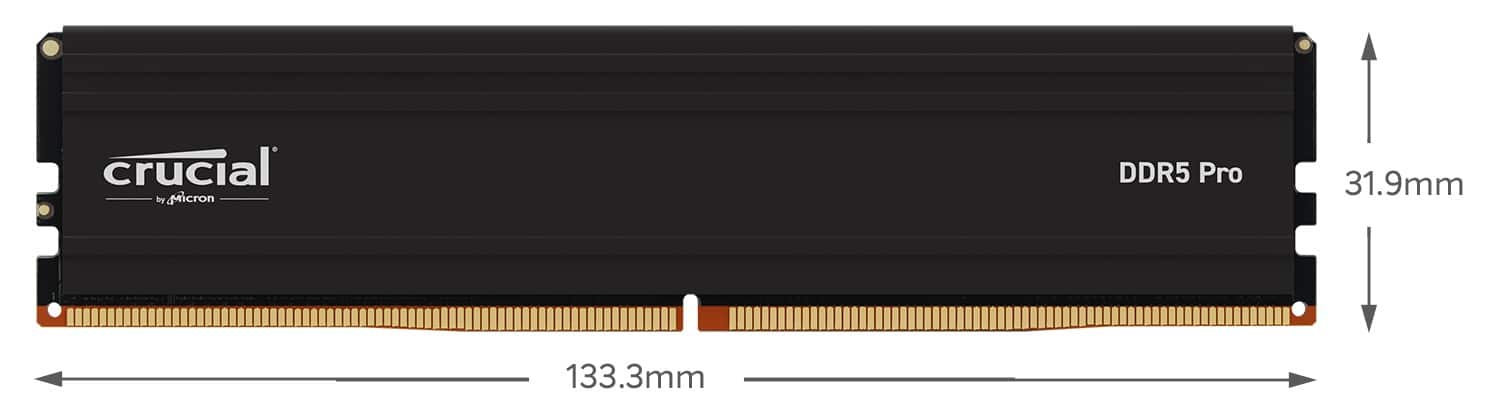 Crucial is a brand of memory products by Micron, and the image shows a close-up of a Crucial DDR5 Pro memory module. The module is 31.9mm wide and 133.3mm long.