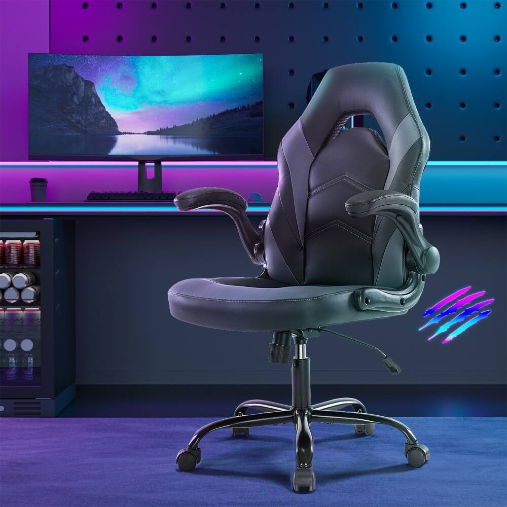 Angle. Bestier - Ergonomic Faux Leather Adjustable Reclining Swiveling PC and Racing Game Chair with Padded Arm - Grey.