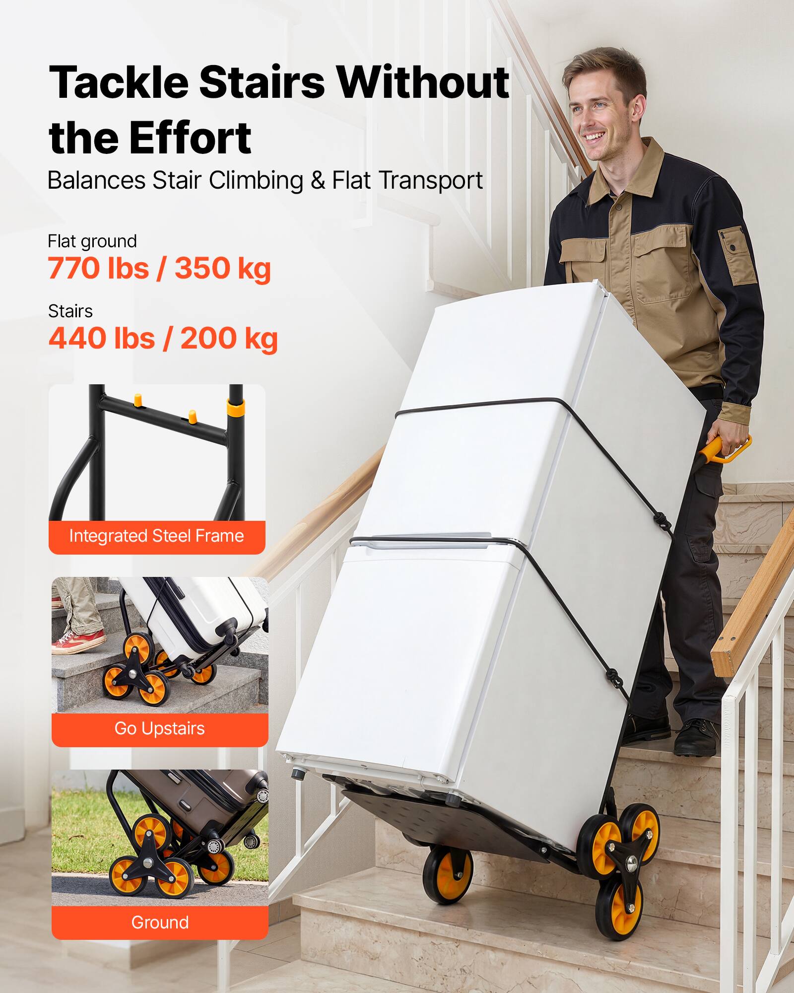 Tackle Stairs Without the Effort  
Balances Stair Climbing & Flat Transport  

Flat ground  
770 lbs / 350 kg  

Stairs  
440 lbs / 200 kg  

Integrated Steel Frame  
Go Upstairs  
Ground