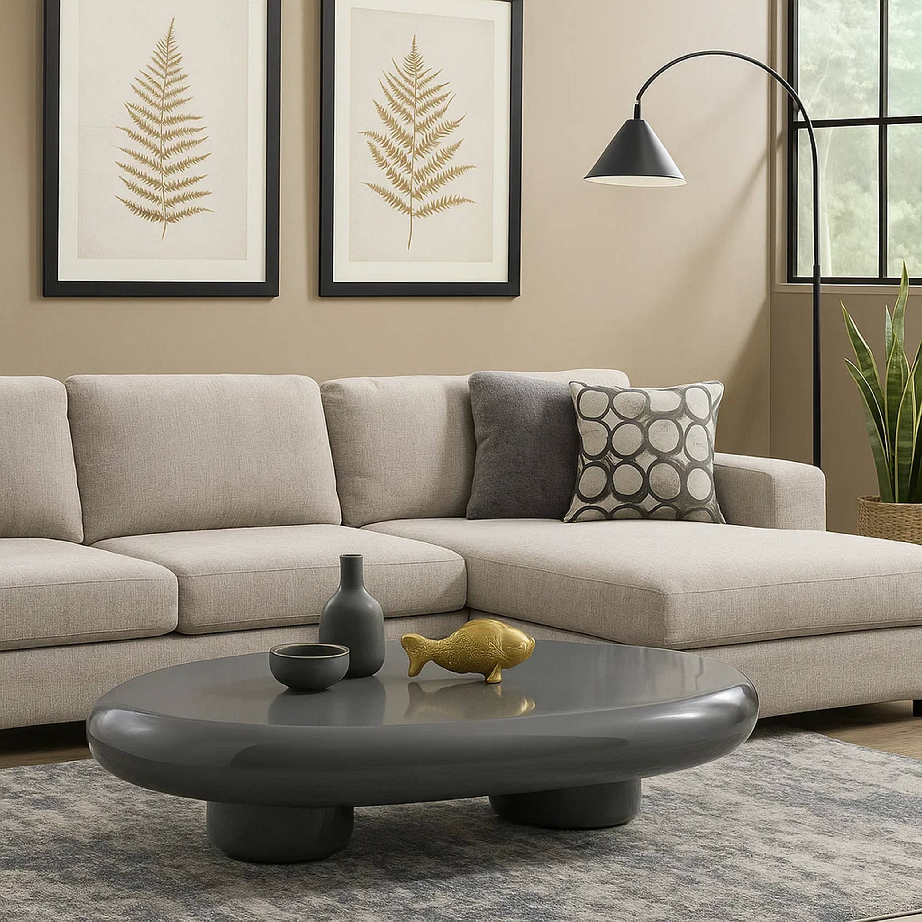 Alt View 5. Manhattan Lane - Fory Coffee Table, 46 Inch Oval Top with Low Metal Base, High Gloss Gray - High Gloss Gray.