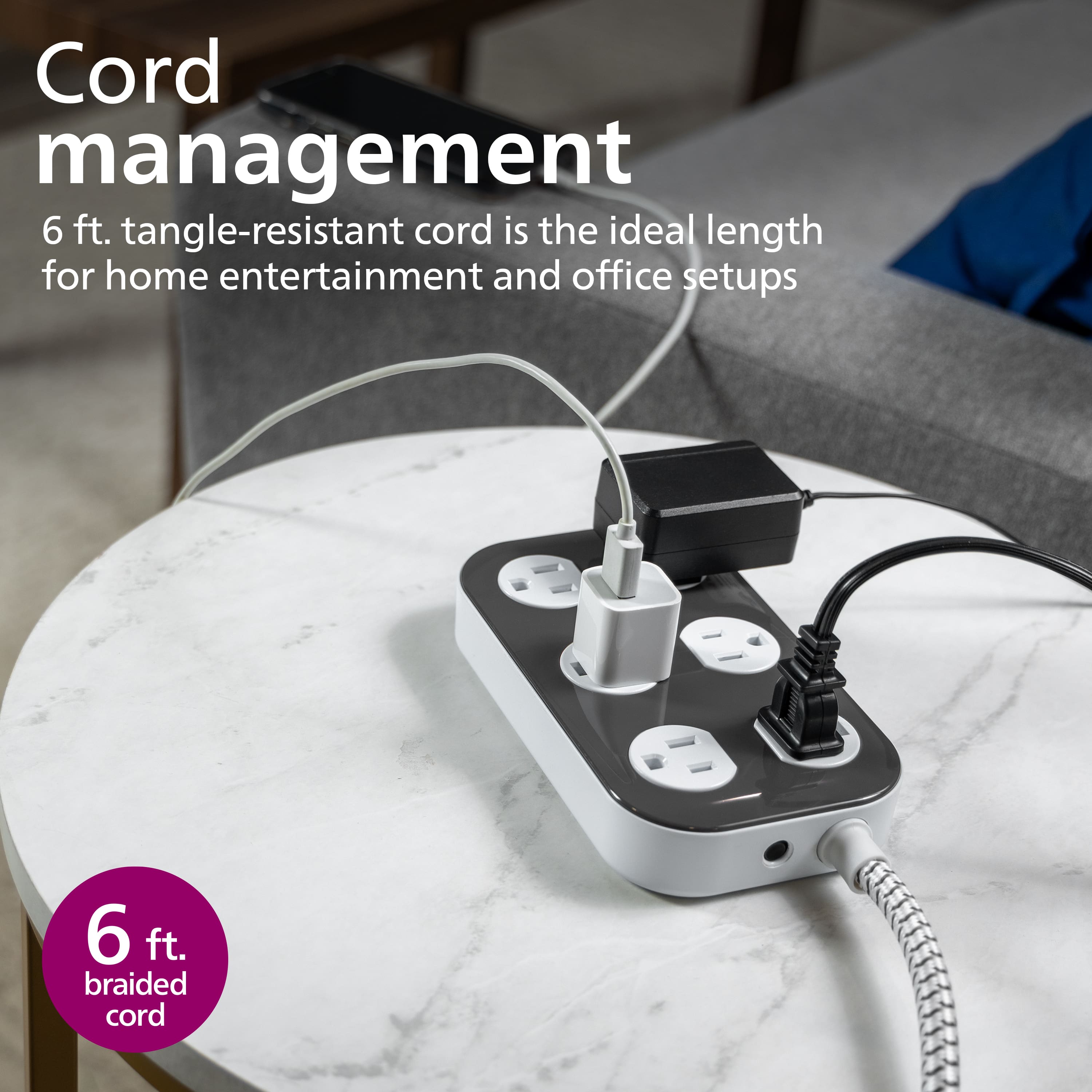 Cord management: The 6 ft. tangle-resistant cord is the ideal length for home entertainment and office setups.