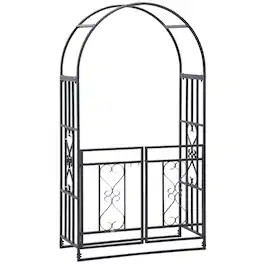 Outsunny - 81" Metal Garden Arbor with Double Doors, Locking Gate, Climbing Vine Frame with Heart Motifs, Arch for Wedding - Black