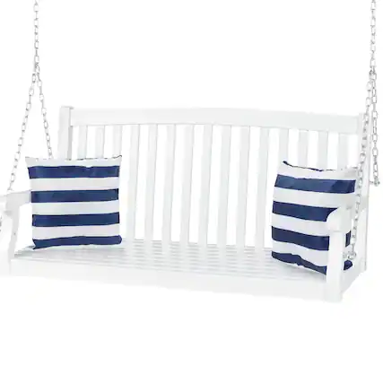 Front. Hivvago - White Acacia Wooden Curved Back Hanging Porch Swing Bench with Mounting Chains - White.