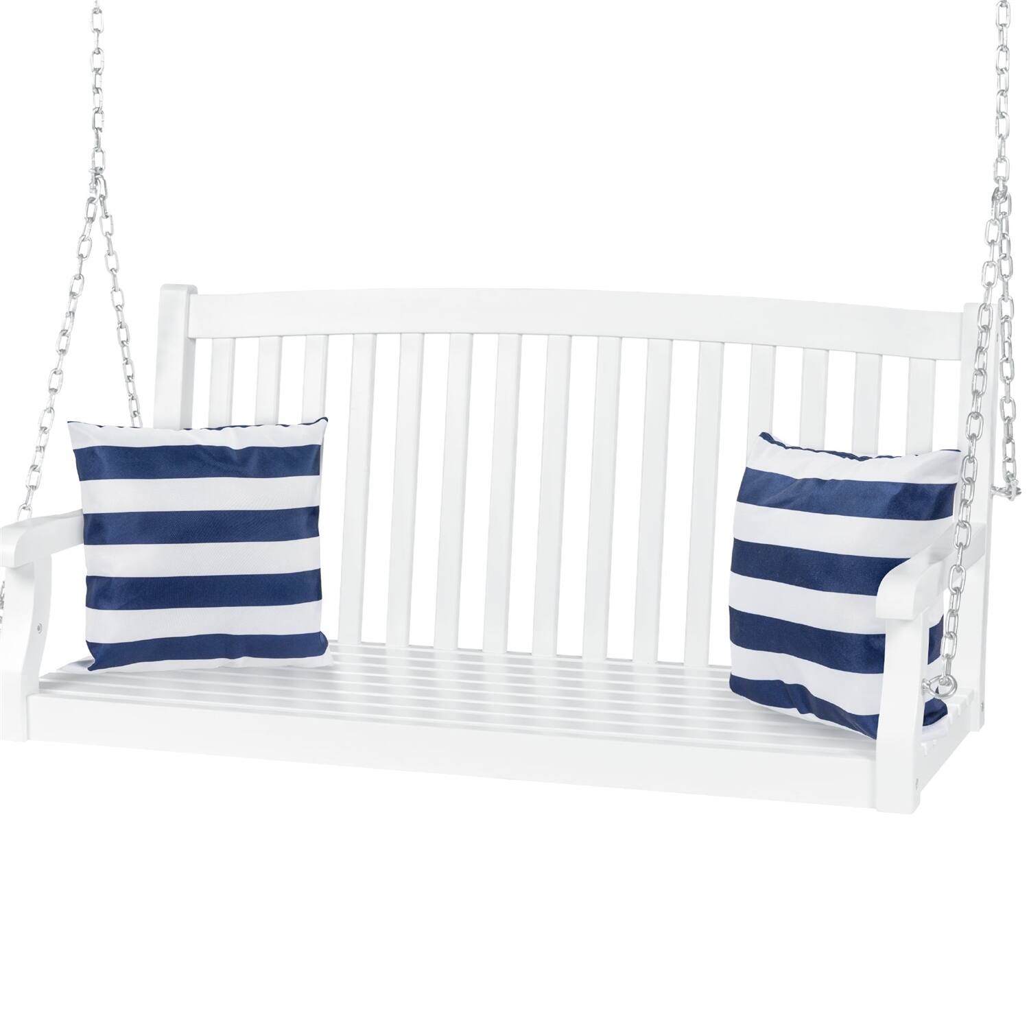 Front. Hivvago - White Acacia Wooden Curved Back Hanging Porch Swing Bench with Mounting Chains - White.