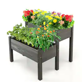 Gymax - 2 Tier Wooden Raised Garden Bed Elevated Planter Box w/ Legs Drain Holes - Gray