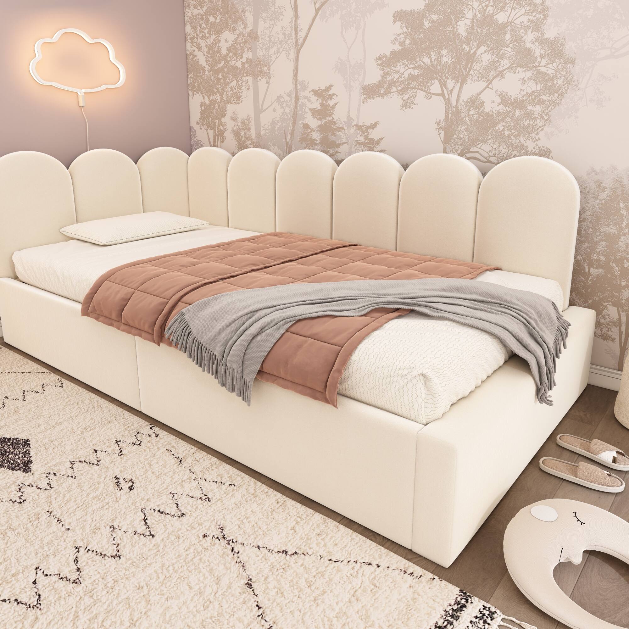 Alt View 7. GOODSILO - Upholstered Daybed with Hydraulic Storage, Twin Size Sofa Bed Frame with Metal Slats and Velvet Covering - Beige.