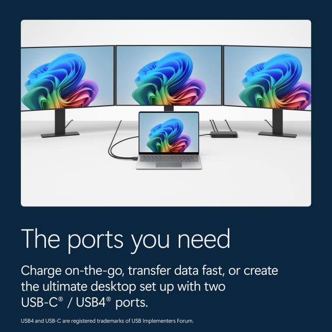 The ports you need

Charge on-the-go, transfer data fast, or create the ultimate desktop set up with two 6 USB-C / USB4 ports.

USB4 and USB-C are registered trademarks of USB Implementers Forum.