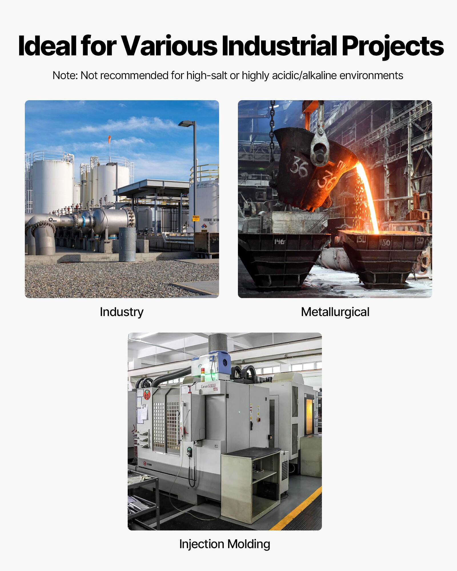Ideal for Various Industrial Projects  
Note: Not recommended for high-salt or highly acidic/alkaline environments  

Industry  
Metallurgical  
Injection Molding